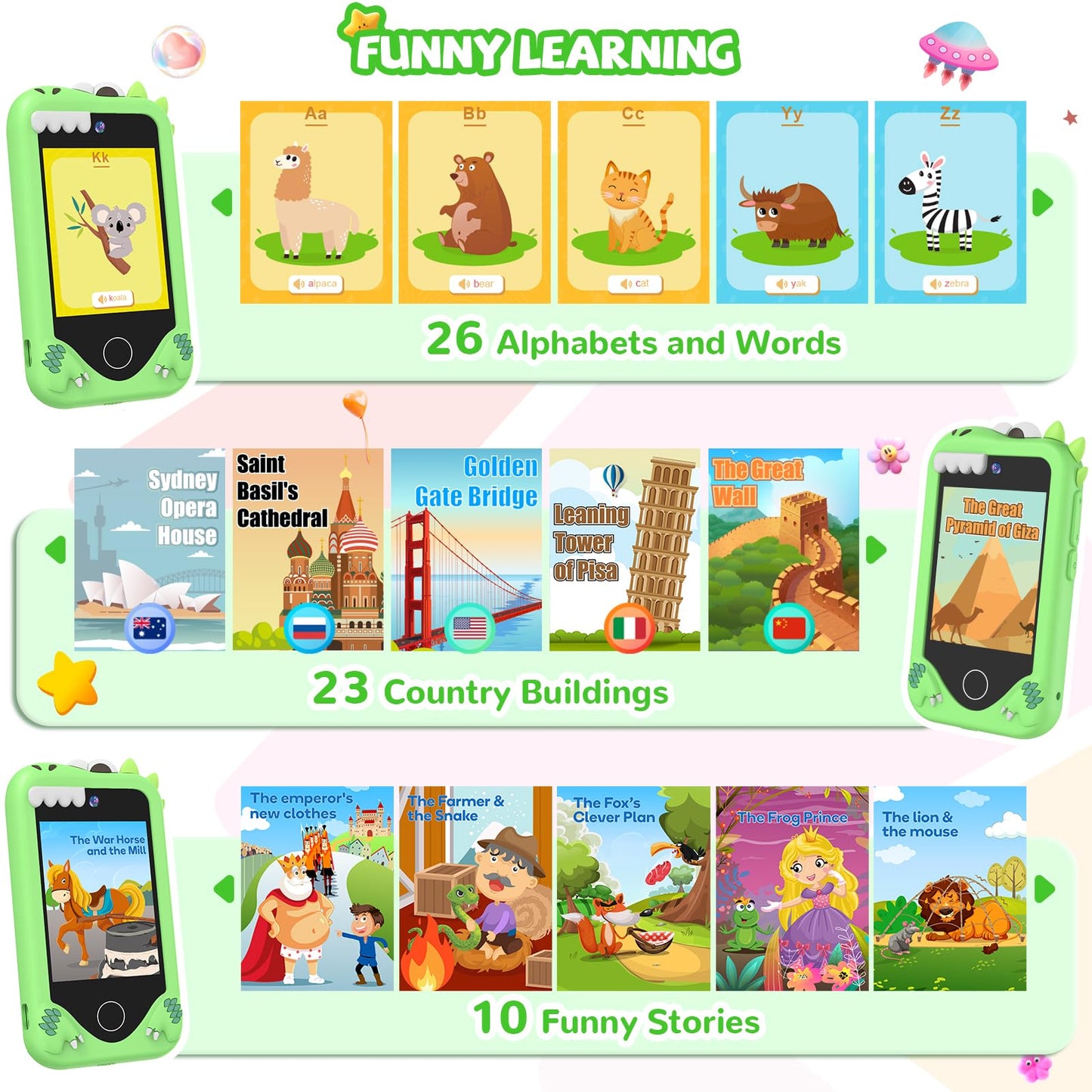 SNWIDA Kids Smart Phone for Girls - 2.8-inch Touchscreen, Dual Cameras, 32GB (Green)