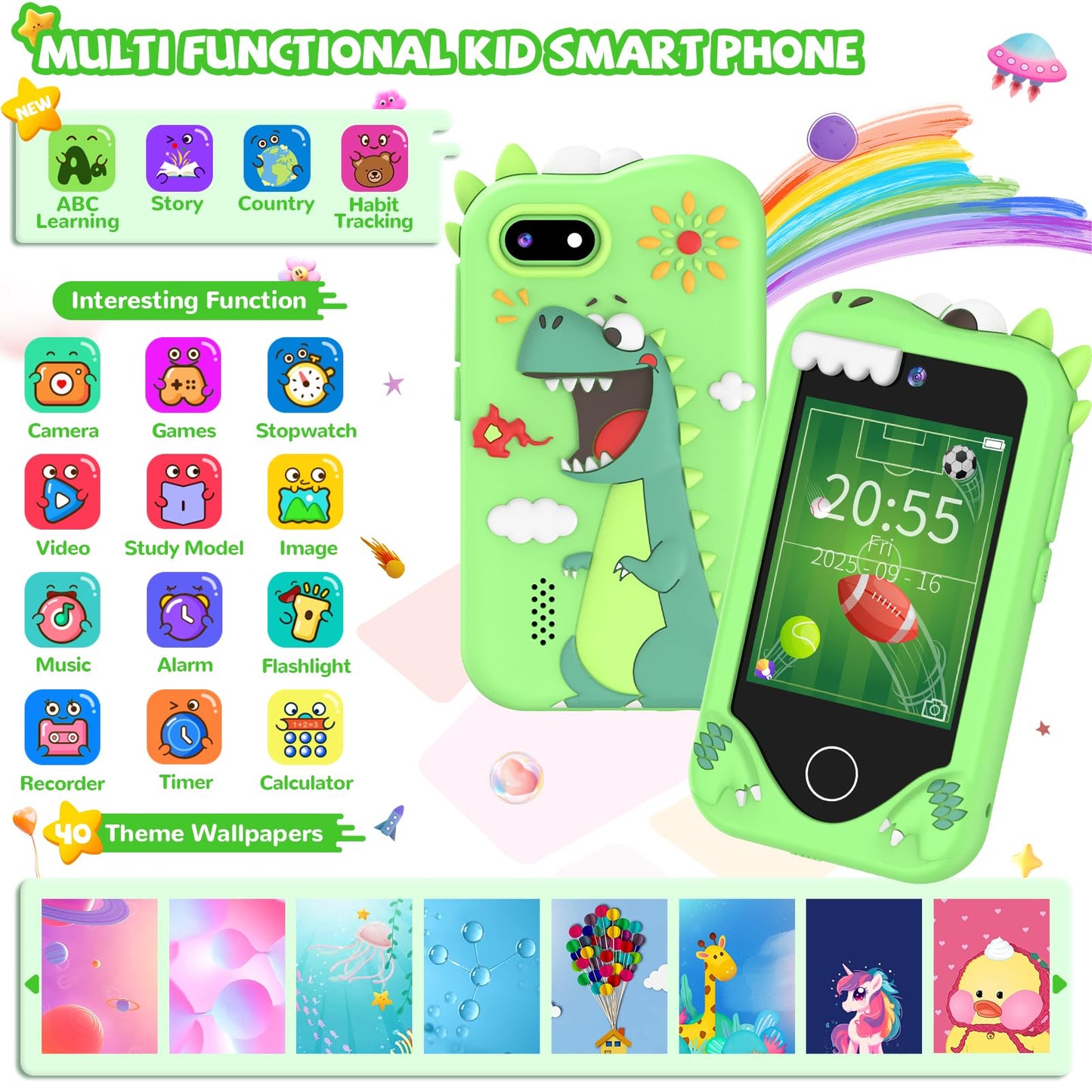 SNWIDA Kids Smart Phone for Girls - 2.8-inch Touchscreen, Dual Cameras, 32GB (Green)
