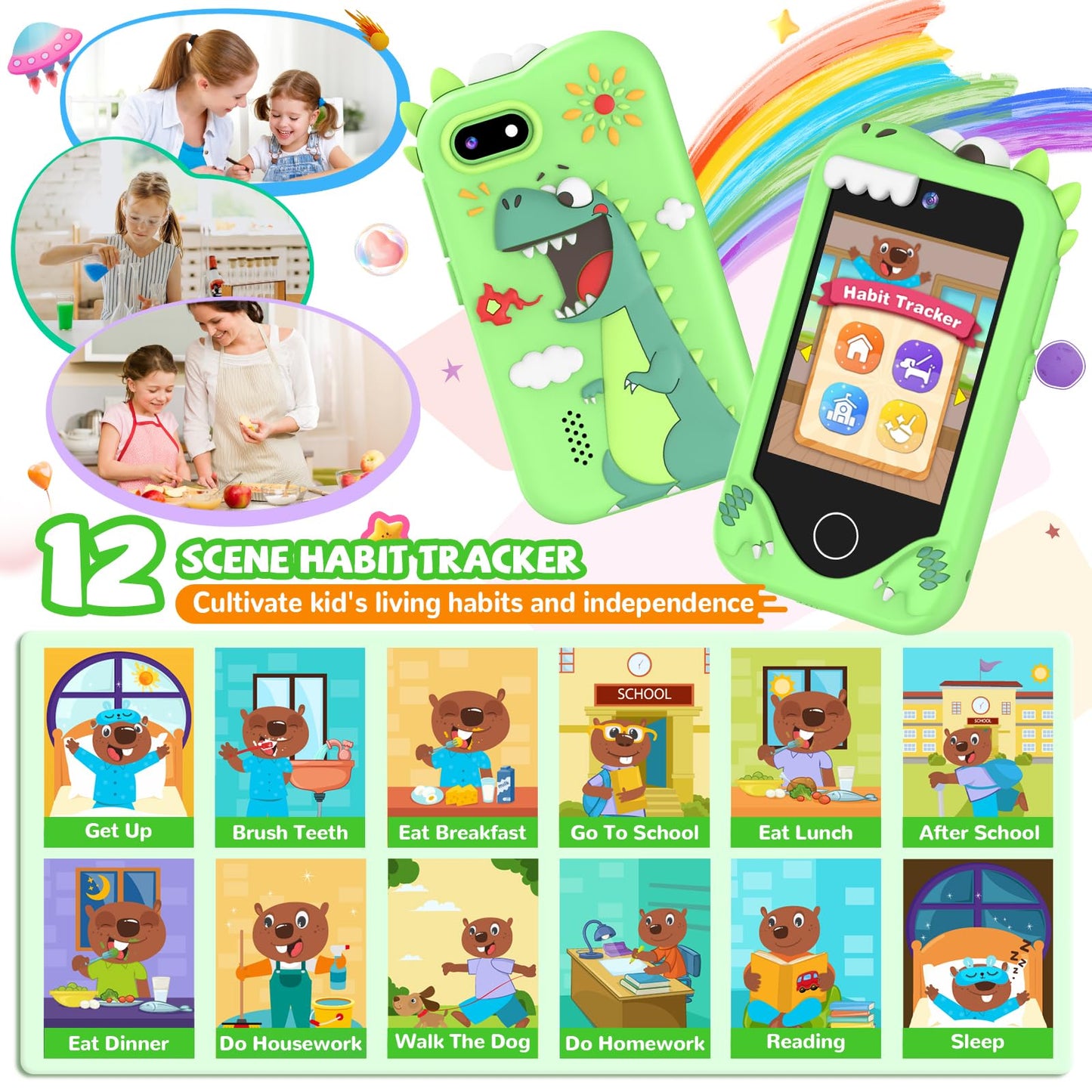 SNWIDA Kids Smart Phone for Girls - 2.8-inch Touchscreen, Dual Cameras, 32GB (Green)