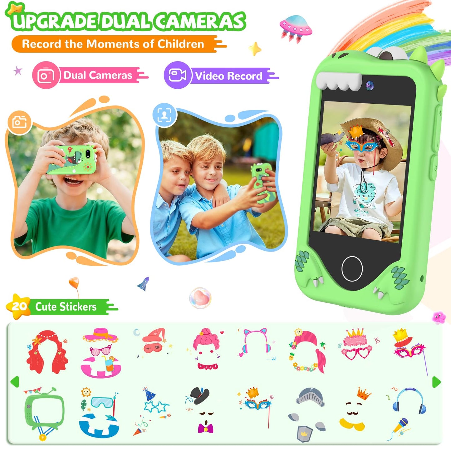 SNWIDA Kids Smart Phone for Girls - 2.8-inch Touchscreen, Dual Cameras, 32GB (Green)