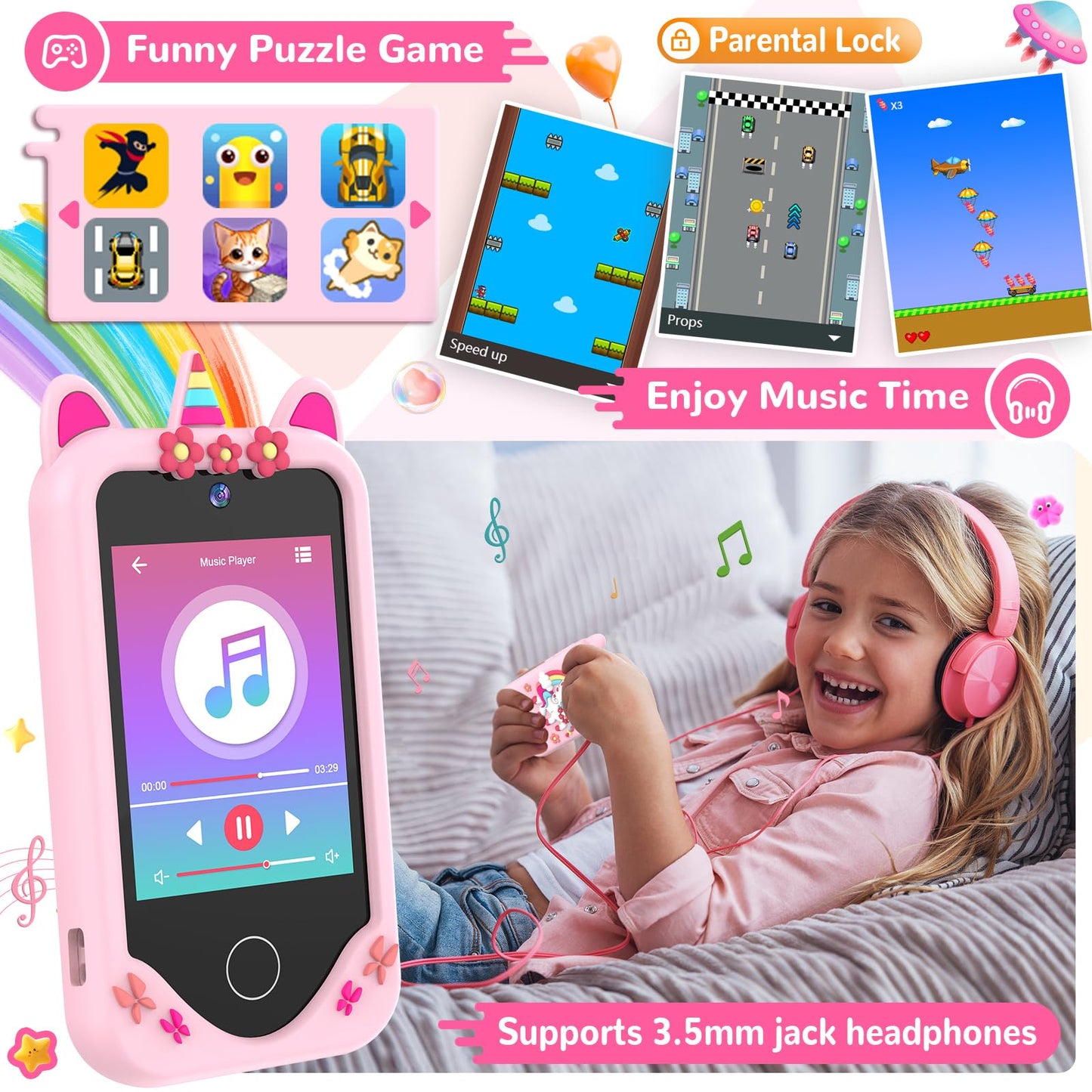 SNWIDA Kids Smart Phone for Girls – 2.8-inch Touchscreen, Dual Cameras, 32 GB Card