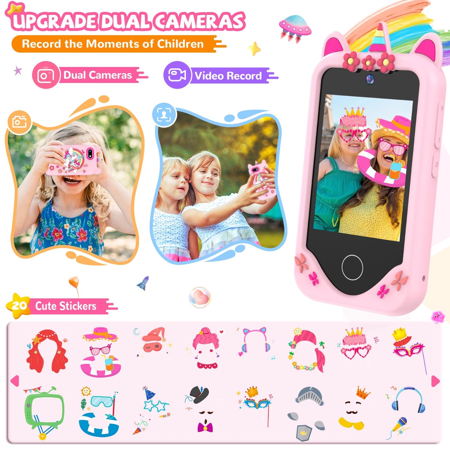 SNWIDA Kids Smart Phone for Girls – 2.8-inch Touchscreen, Dual Cameras, 32 GB Card