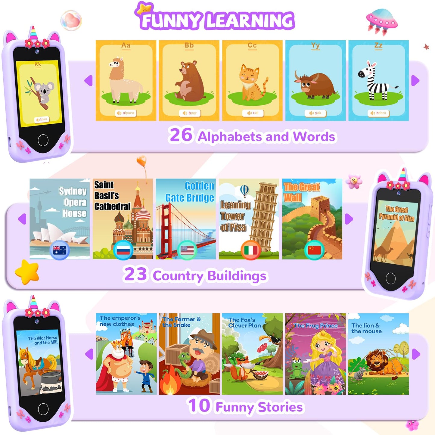 SNWIDA Kids Smart Phone for Girls — 2.8” Touchscreen, Dual Cameras, Learning & Games (Purple)