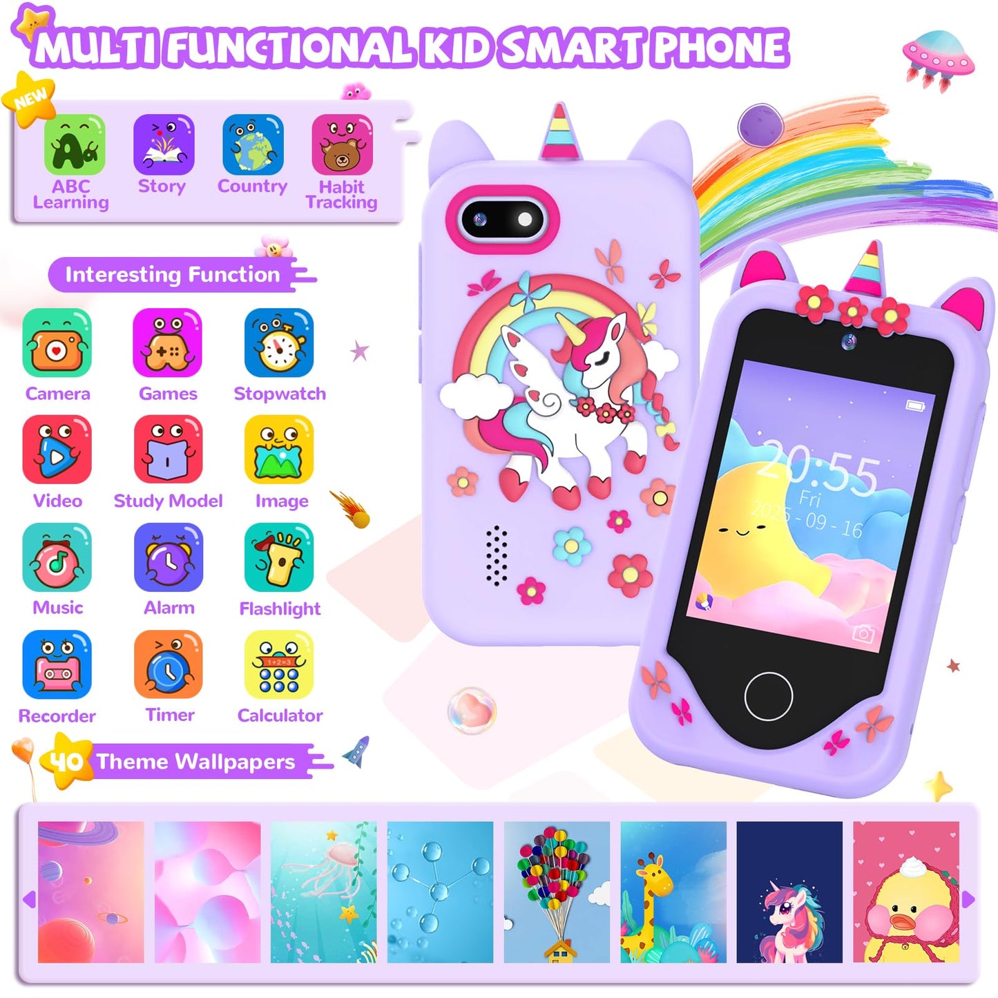 SNWIDA Kids Smart Phone for Girls — 2.8” Touchscreen, Dual Cameras, Learning & Games (Purple)