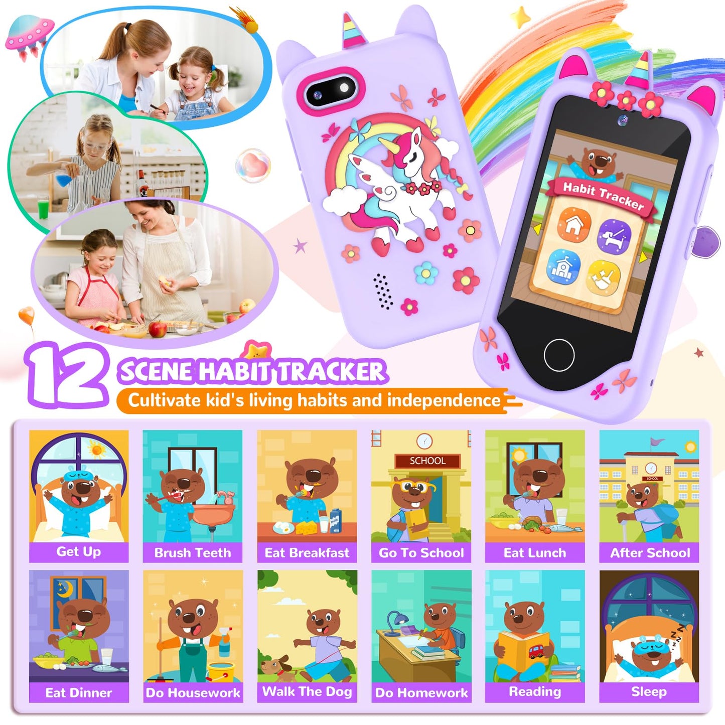 SNWIDA Kids Smart Phone for Girls — 2.8” Touchscreen, Dual Cameras, Learning & Games (Purple)