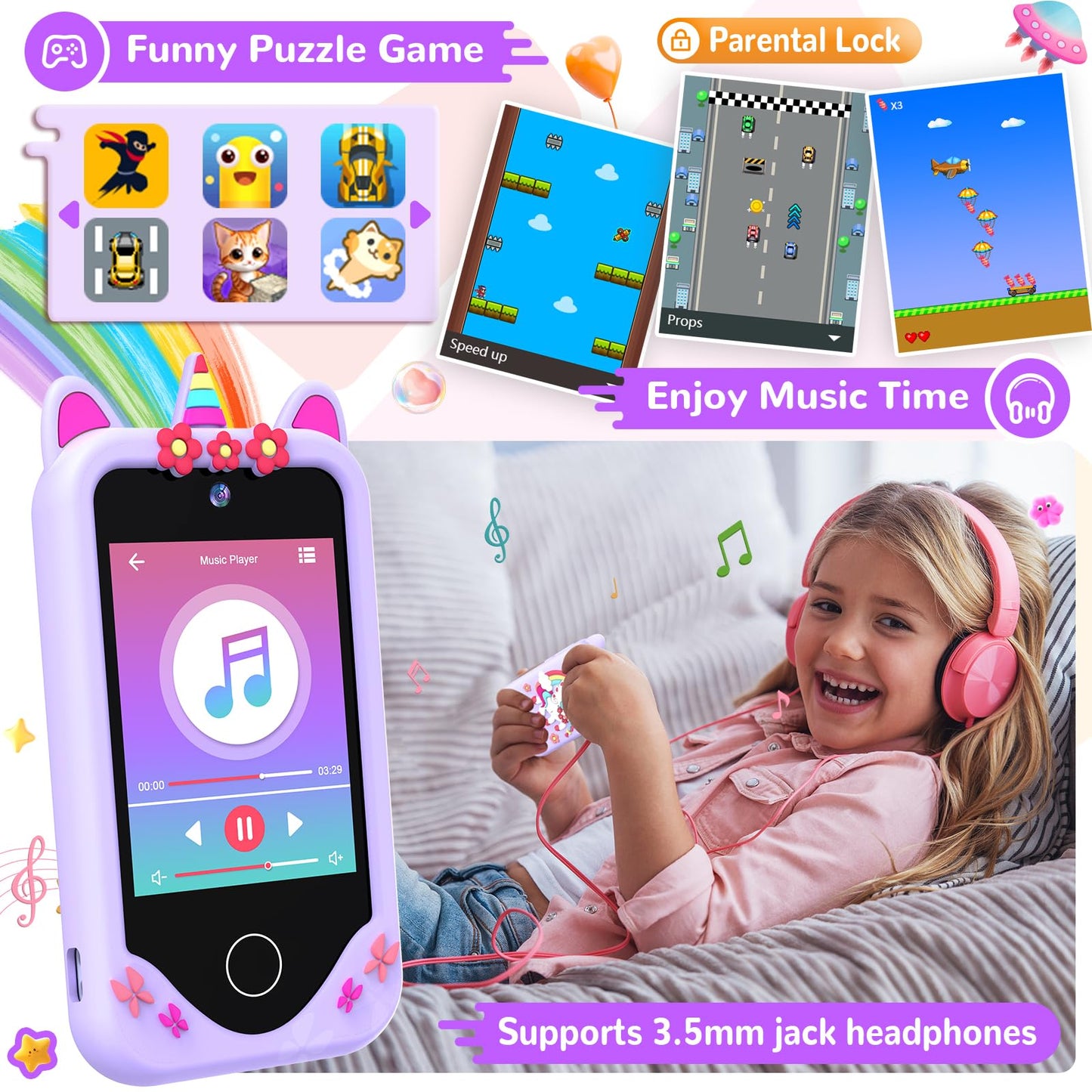 SNWIDA Kids Smart Phone for Girls — 2.8” Touchscreen, Dual Cameras, Learning & Games (Purple)