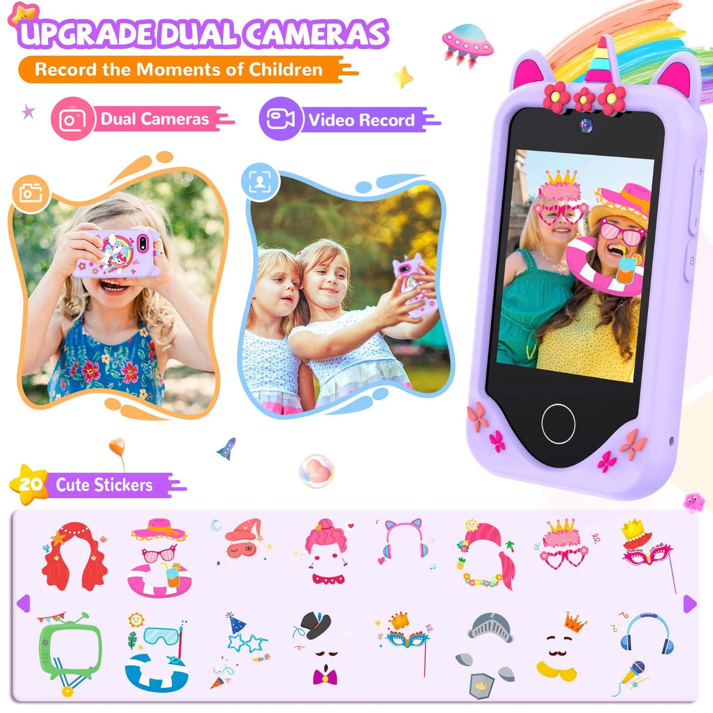 SNWIDA Kids Smart Phone for Girls — 2.8” Touchscreen, Dual Cameras, Learning & Games (Purple)
