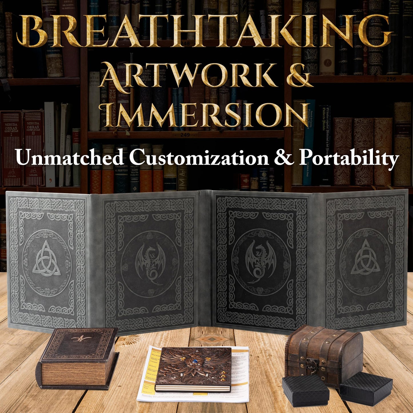 Soar Forge DM Screen for D&D – 4 Wider Panels, Faux Leather, Celtic Knot & Dragon Embossed Design