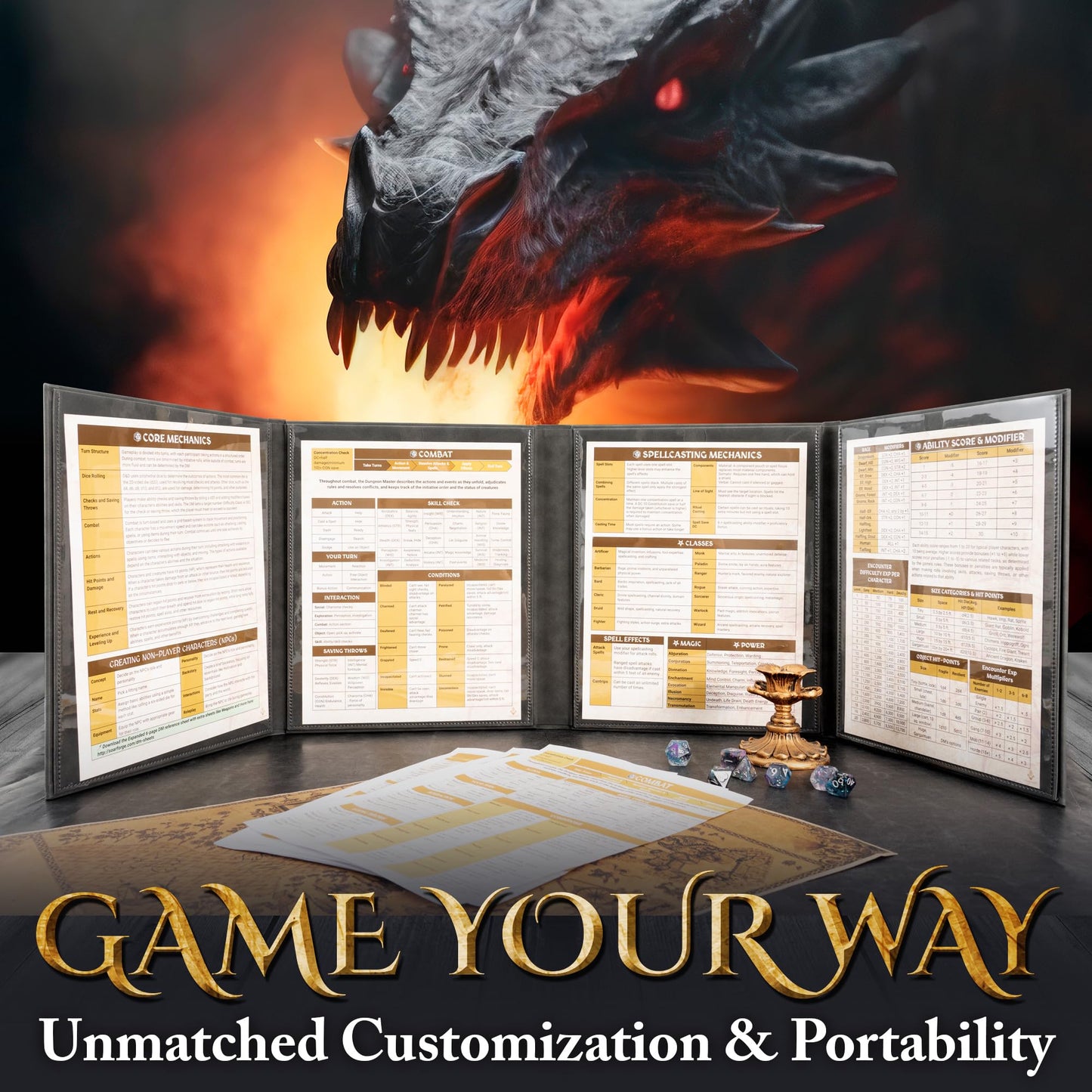Soar Forge DM Screen for D&D – 4 Wider Panels, Faux Leather, Celtic Knot & Dragon Embossed Design