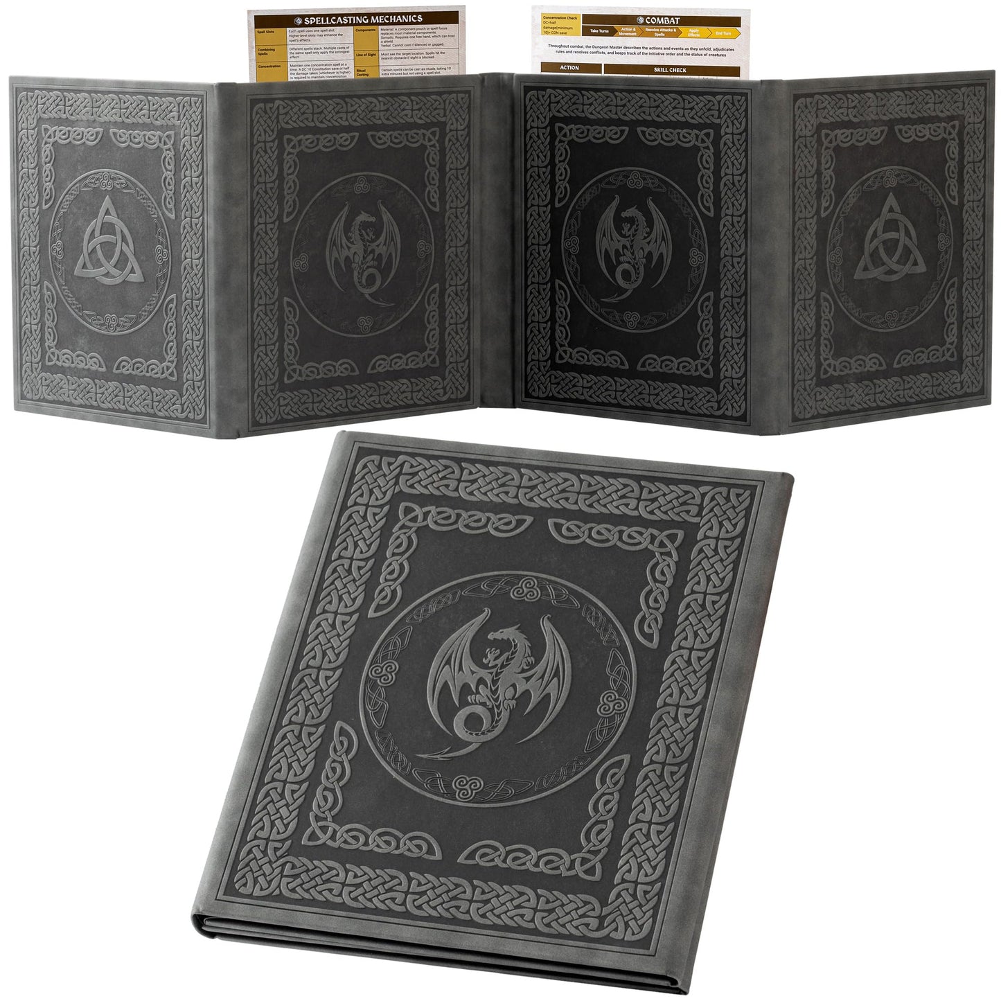 Soar Forge DM Screen for D&D – 4 Wider Panels, Faux Leather, Celtic Knot & Dragon Embossed Design