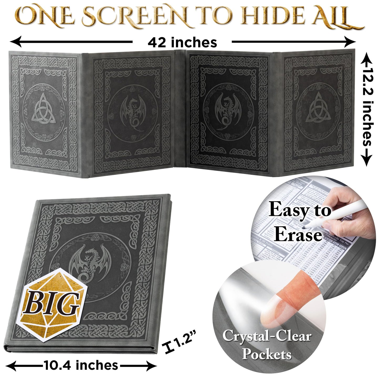 Soar Forge DM Screen for D&D – 4 Wider Panels, Faux Leather, Celtic Knot & Dragon Embossed Design