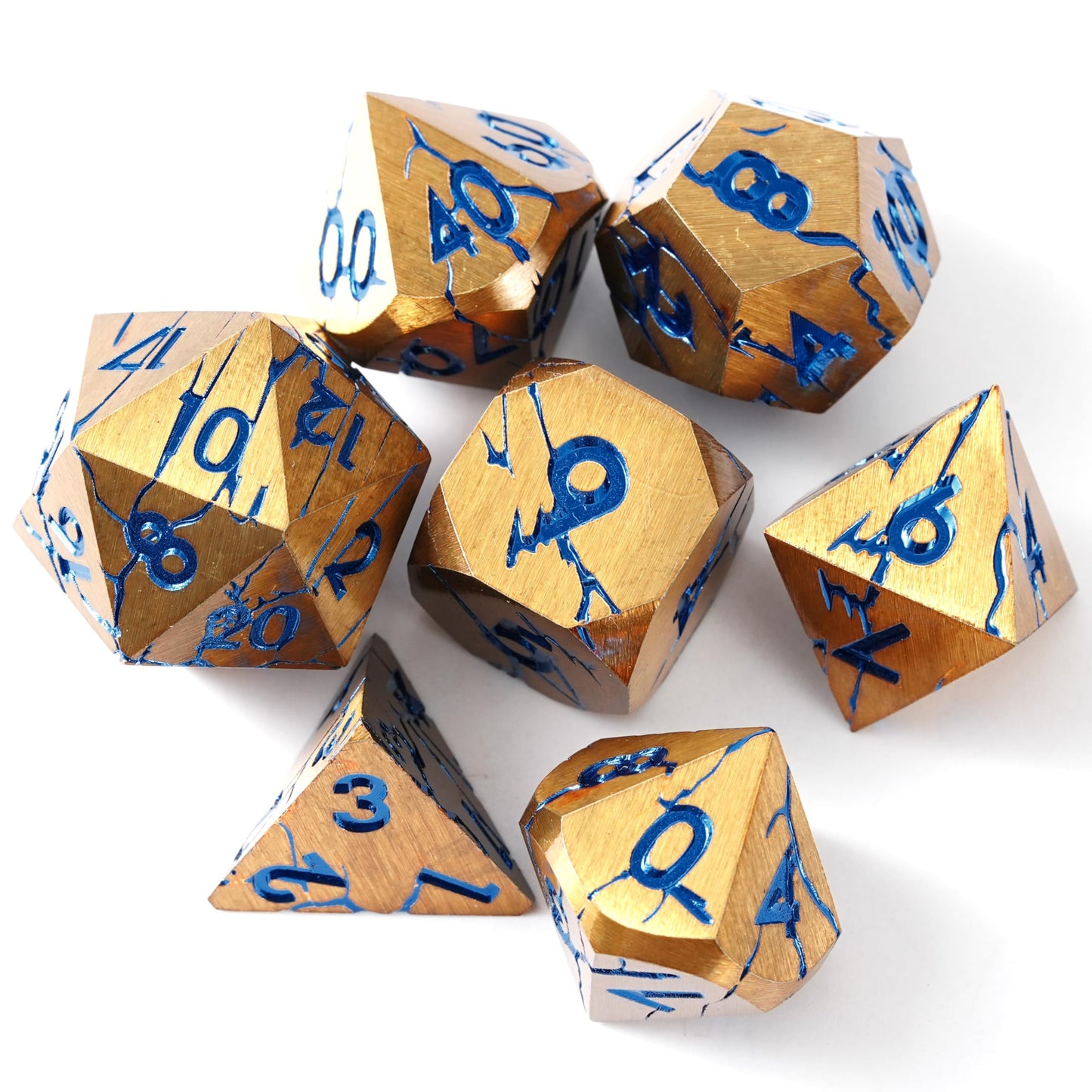 Soar Forge DND Metal Dice – Pharaoh Ruins Gold with Blue Cracks | Polyhedral Dice Set