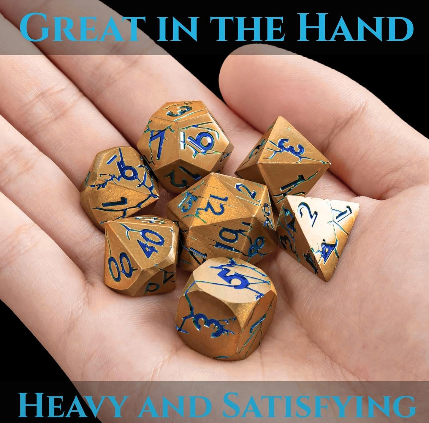 Soar Forge DND Metal Dice – Pharaoh Ruins Gold with Blue Cracks | Polyhedral Dice Set