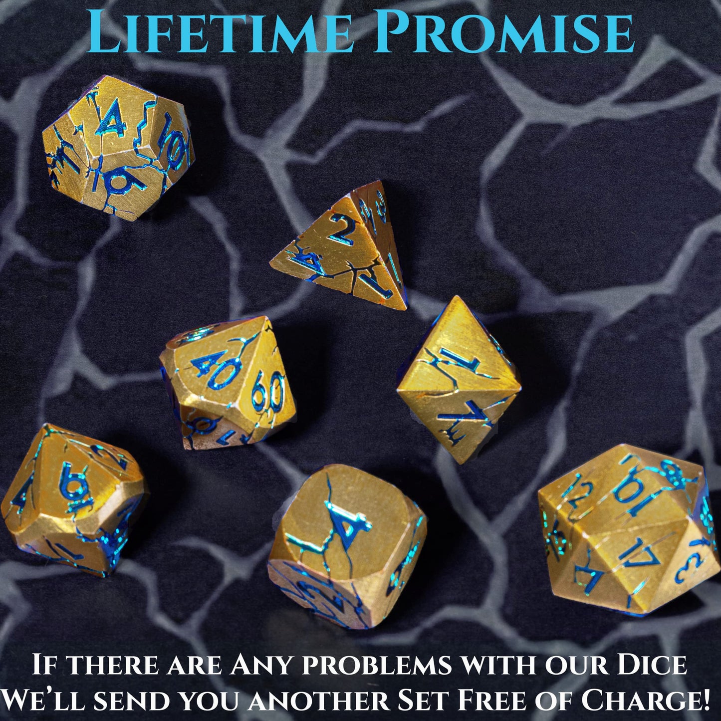 Soar Forge DND Metal Dice – Pharaoh Ruins Gold with Blue Cracks | Polyhedral Dice Set