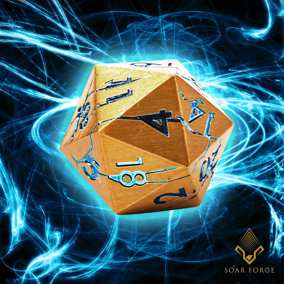 Soar Forge DND Metal Dice – Pharaoh Ruins Gold with Blue Cracks | Polyhedral Dice Set