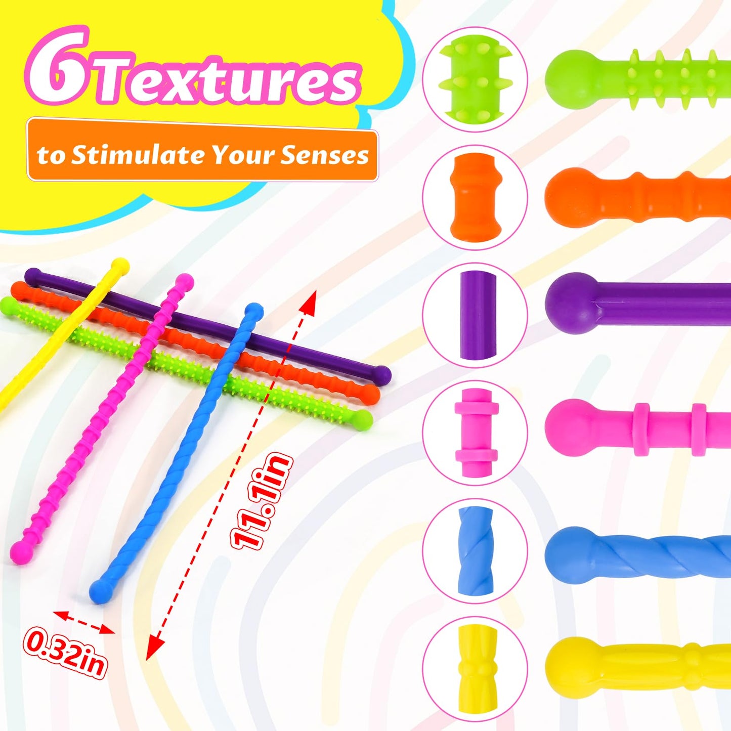 Soarly Sensory Fidget Sticks – 6-Pack Bendable Silicone Toys for Autism