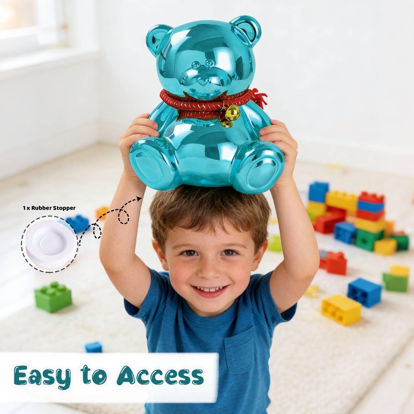 SOBEIT 7.36-Inch Blue Bear Piggy Bank | Ceramic, Shiny Plating