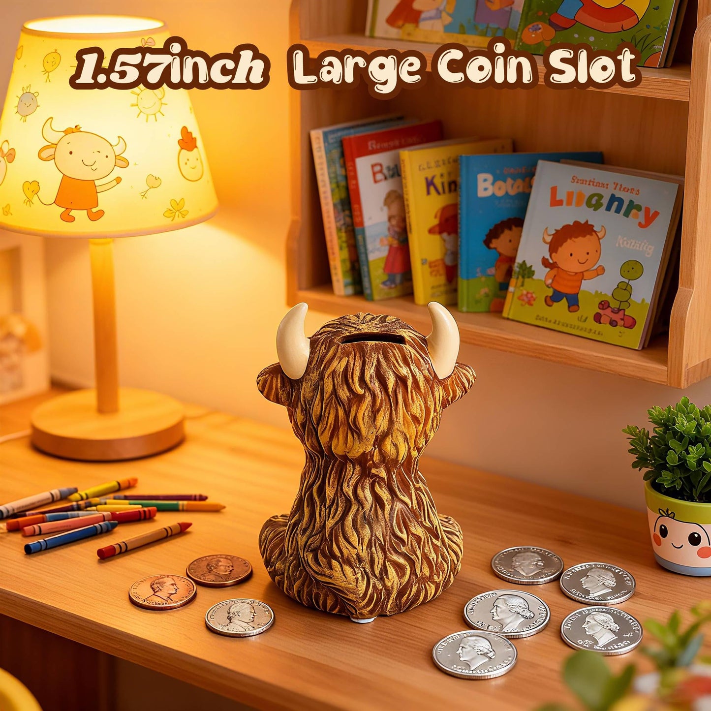 SOBEIT 7.87inch Highland Cow Piggy Bank - Rustic Ceramic Money Bank for Kids