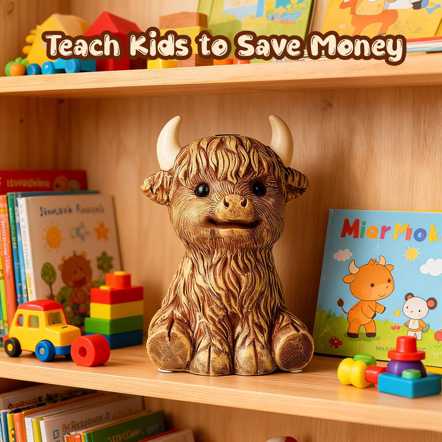 SOBEIT 7.87inch Highland Cow Piggy Bank - Rustic Ceramic Money Bank for Kids