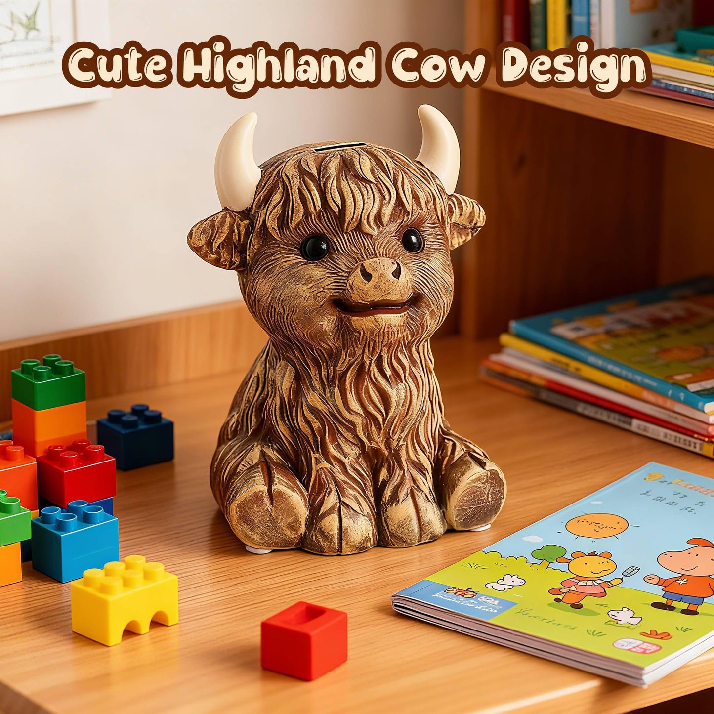 SOBEIT 7.87inch Highland Cow Piggy Bank - Rustic Ceramic Money Bank for Kids
