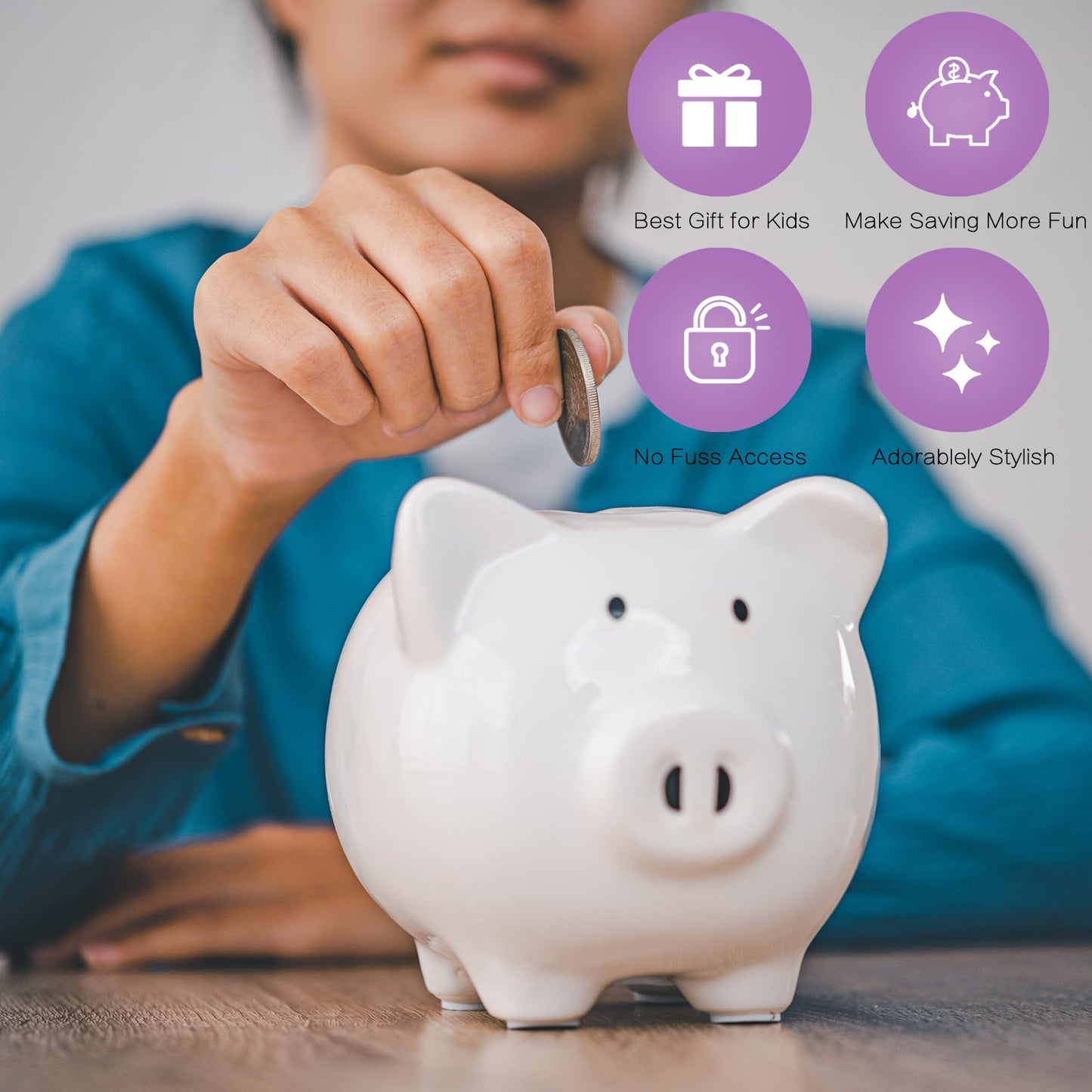 SOBEIT Glazed Ceramic Piggy Bank for Kids – Cute White Money Bank, Gifts & Nursery Decor