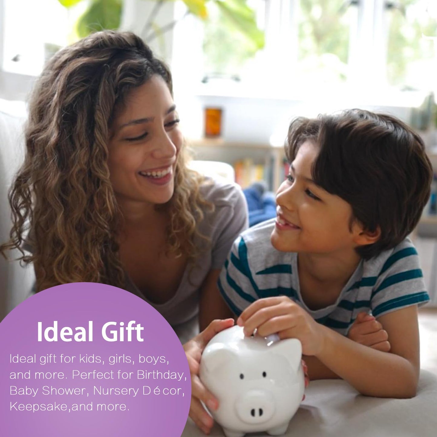 SOBEIT Glazed Ceramic Piggy Bank for Kids – Cute White Money Bank, Gifts & Nursery Decor