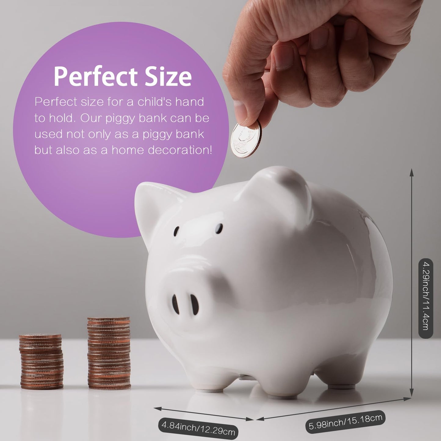 SOBEIT Glazed Ceramic Piggy Bank for Kids – Cute White Money Bank, Gifts & Nursery Decor