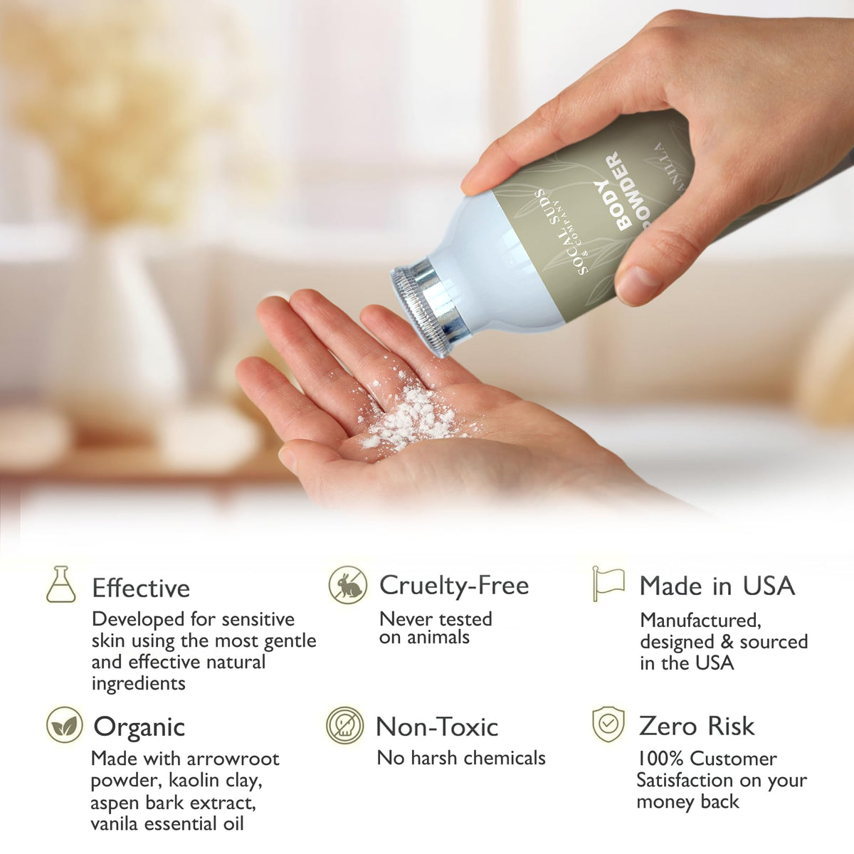 SoCal Suds & Company - Natural Body Powder Talc-Free with Arrowroot, Kaolin & Aspen Bark Extract - Vanilla 4oz