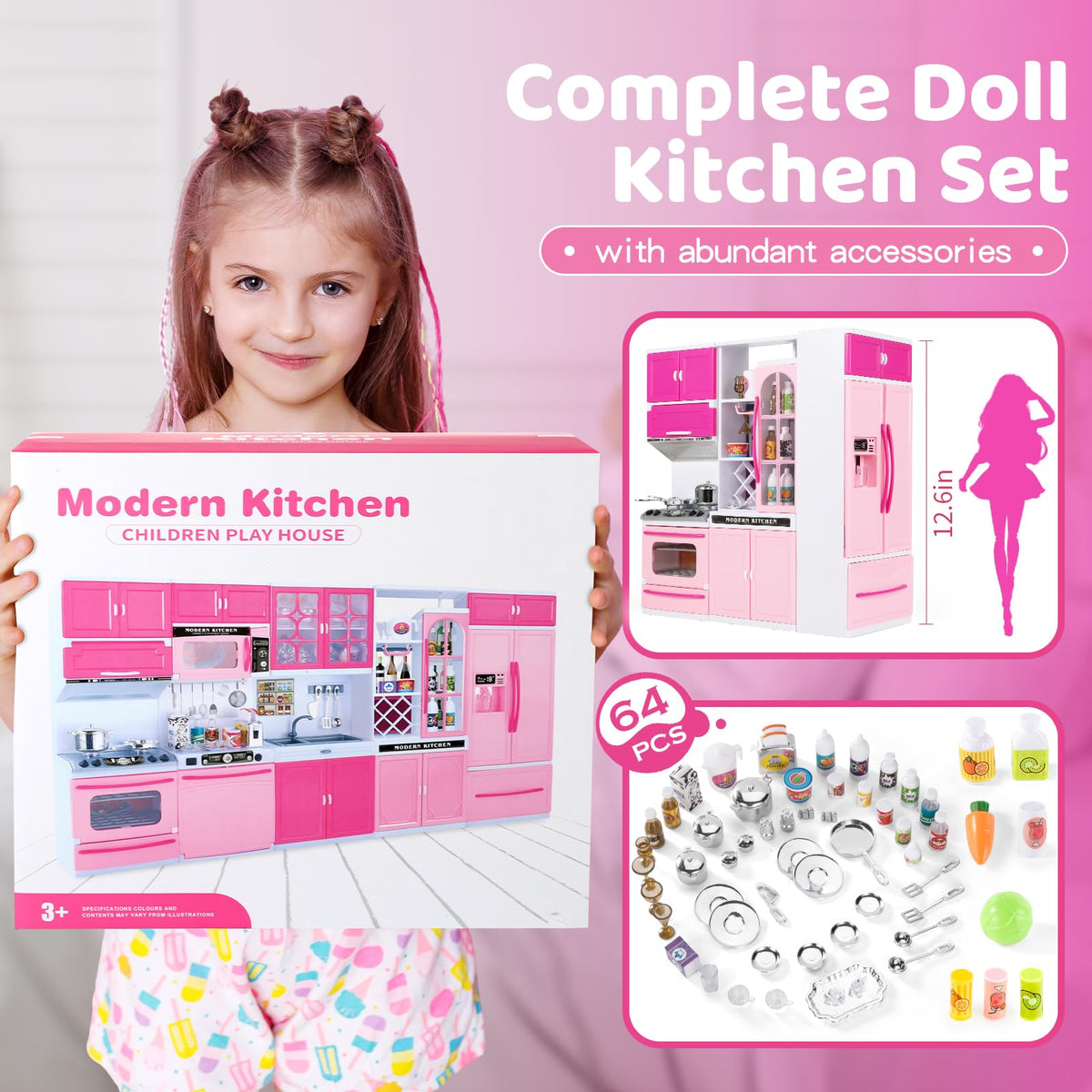 SOCBTNSO 64 PCS Pink Kitchen Toys with Lights & Sounds – 5-in-1 Doll Kitchen Playset for Kids Aged 3-8 | Birthday Gift for Girls 3-8