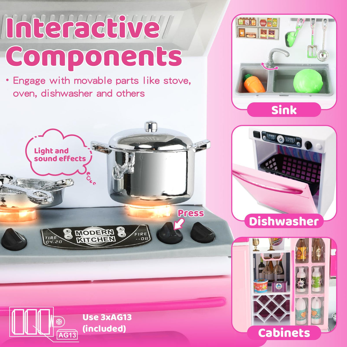 SOCBTNSO 64 PCS Pink Kitchen Toys with Lights & Sounds – 5-in-1 Doll Kitchen Playset for Kids Aged 3-8 | Birthday Gift for Girls 3-8