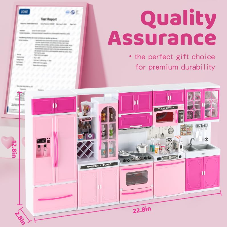 SOCBTNSO 64 PCS Pink Kitchen Toys with Lights & Sounds – 5-in-1 Doll Kitchen Playset for Kids Aged 3-8 | Birthday Gift for Girls 3-8