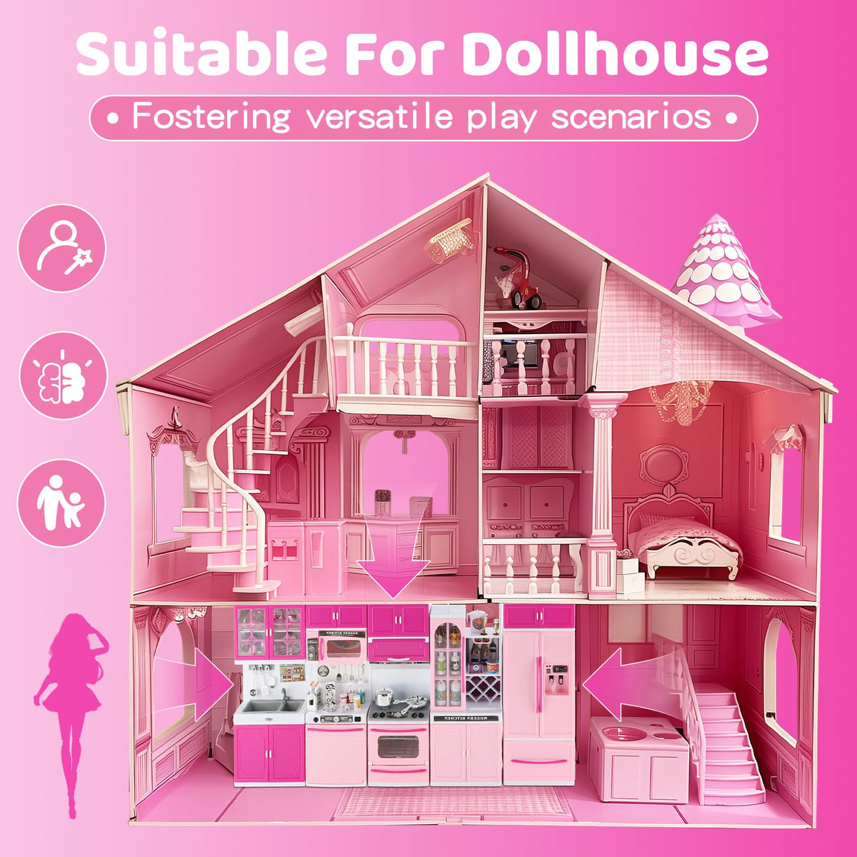 SOCBTNSO 64 PCS Pink Kitchen Toys with Lights & Sounds – 5-in-1 Doll Kitchen Playset for Kids Aged 3-8 | Birthday Gift for Girls 3-8