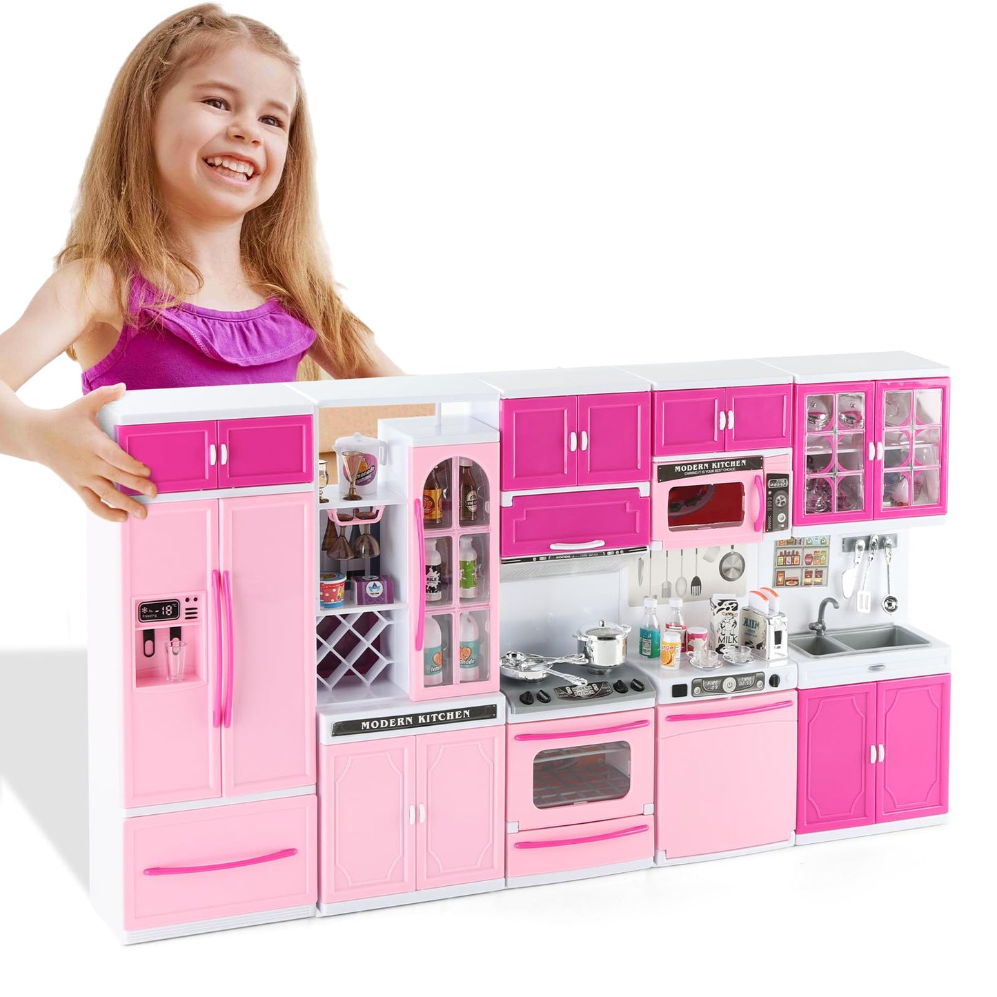 SOCBTNSO 64 PCS Pink Kitchen Toys with Lights & Sounds – 5-in-1 Doll Kitchen Playset for Kids Aged 3-8 | Birthday Gift for Girls 3-8