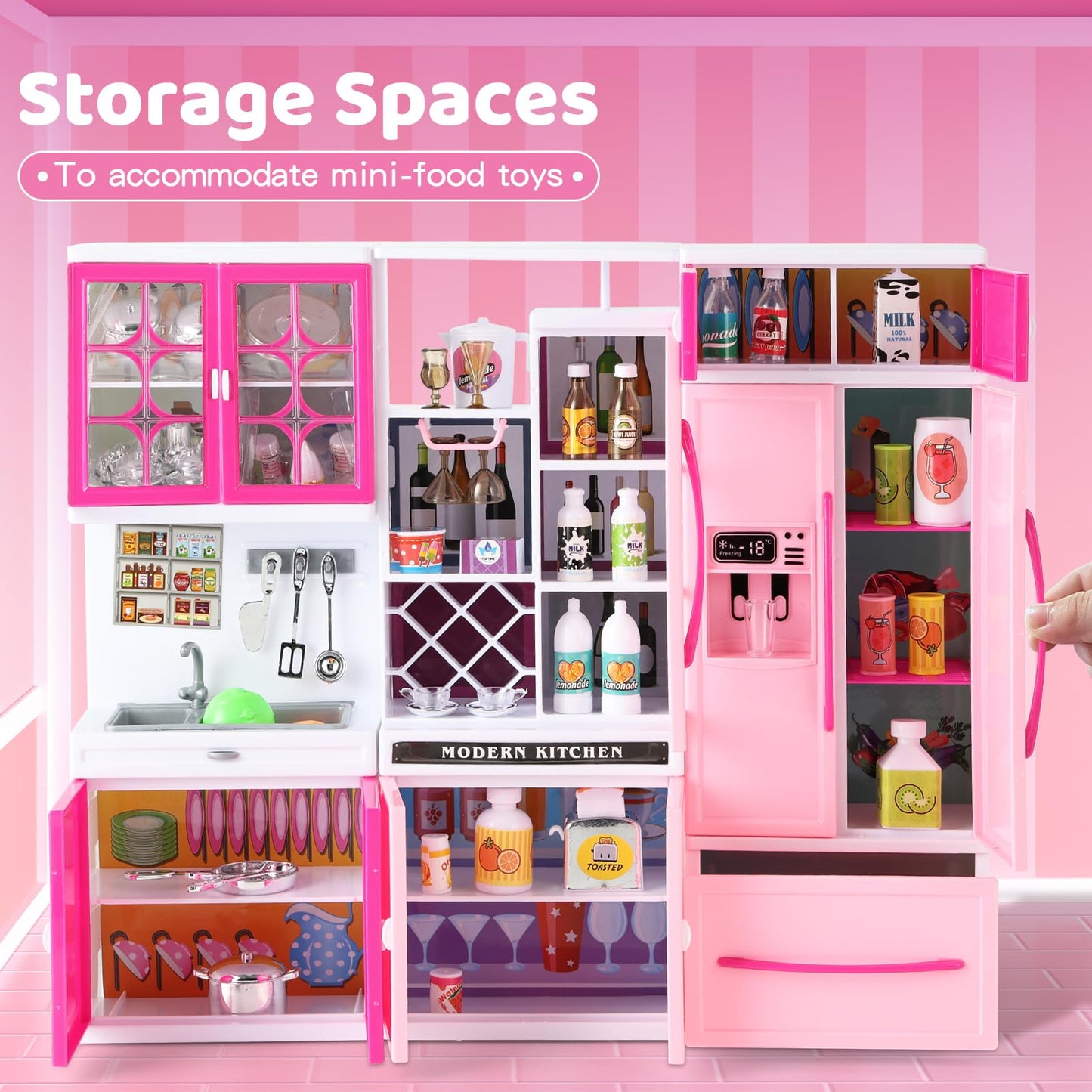 SOCBTNSO 64 PCS Pink Kitchen Toys with Lights & Sounds – 5-in-1 Doll Kitchen Playset for Kids Aged 3-8 | Birthday Gift for Girls 3-8