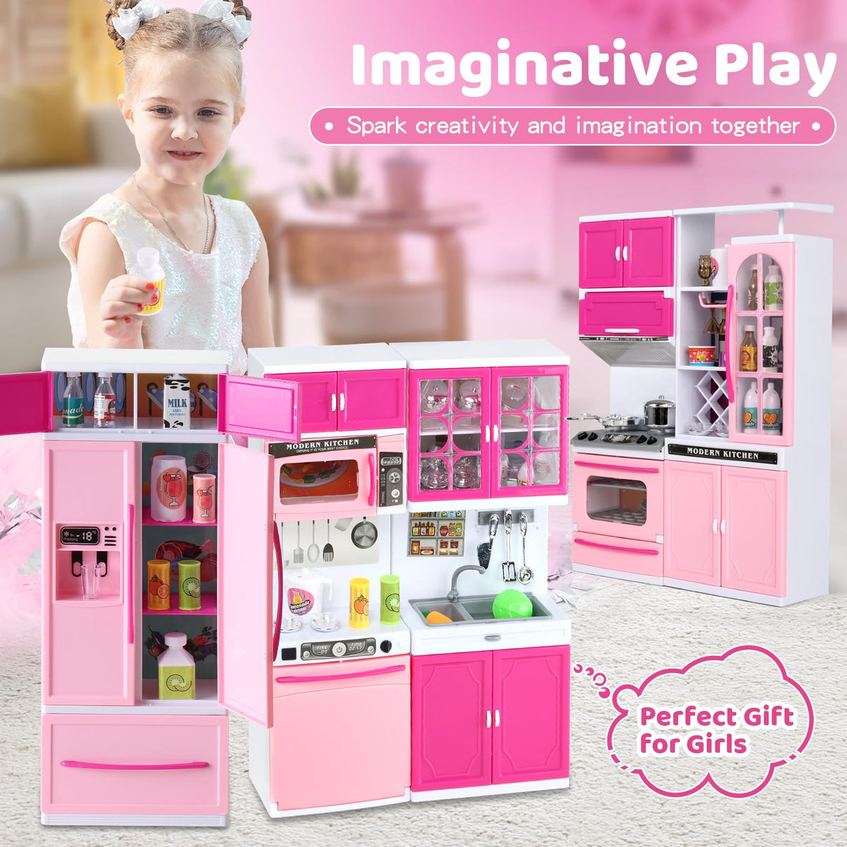 SOCBTNSO 64 PCS Pink Kitchen Toys with Lights & Sounds – 5-in-1 Doll Kitchen Playset for Kids Aged 3-8 | Birthday Gift for Girls 3-8