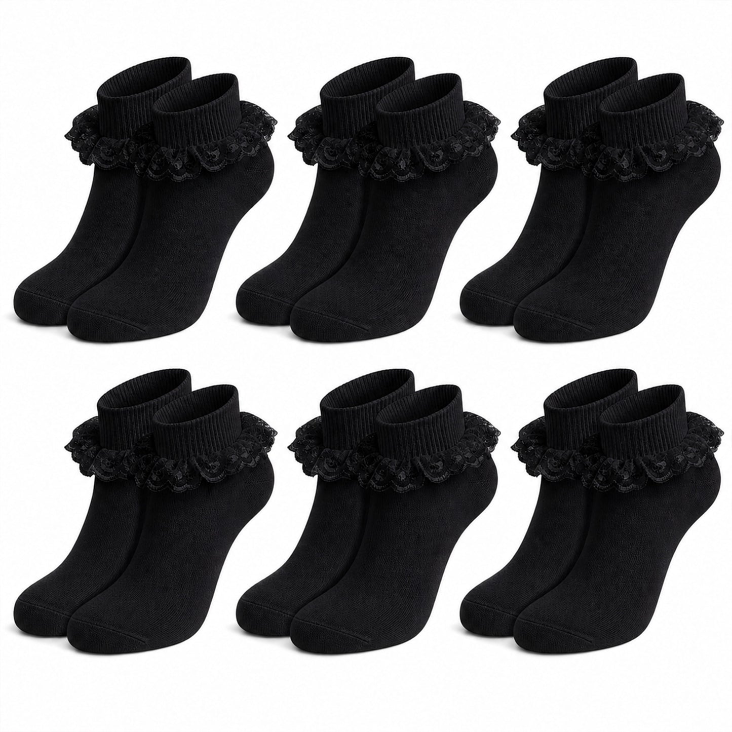 Sock Stack 6 Pairs Black Girls Tutu Frilly Ankle Socks With Lace And Bow Super Soft