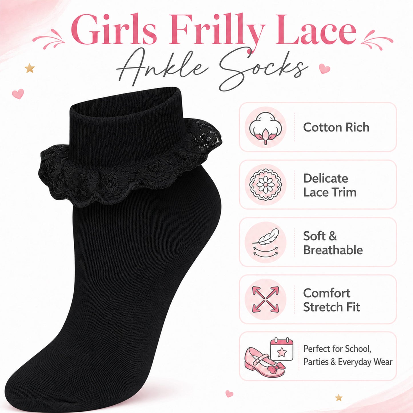 Sock Stack 6 Pairs Black Girls Tutu Frilly Ankle Socks With Lace And Bow Super Soft