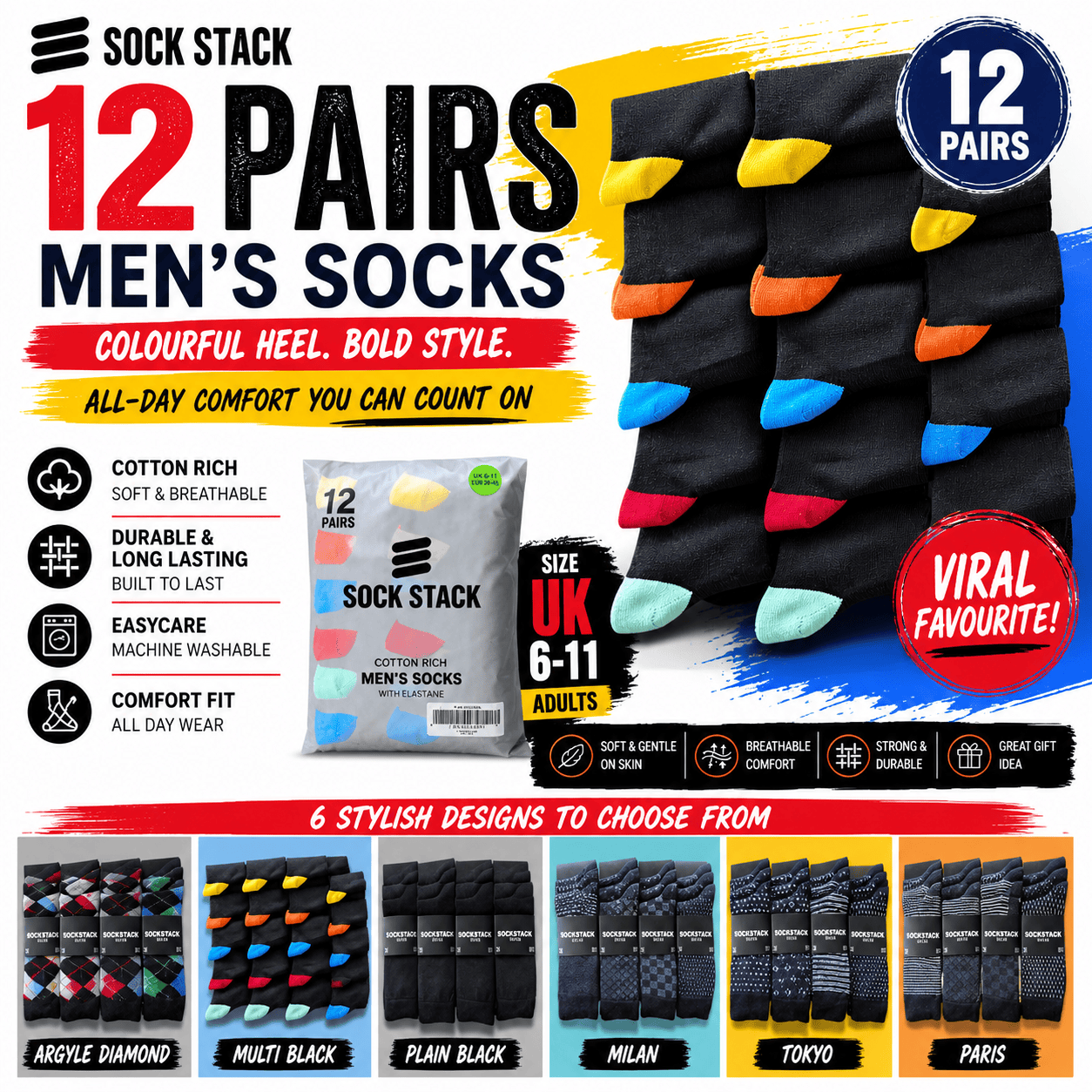 Sock Stack Men's Colourful Heel Toe Black Argyle Diamond Socks Cotton Rich Comfort Fit