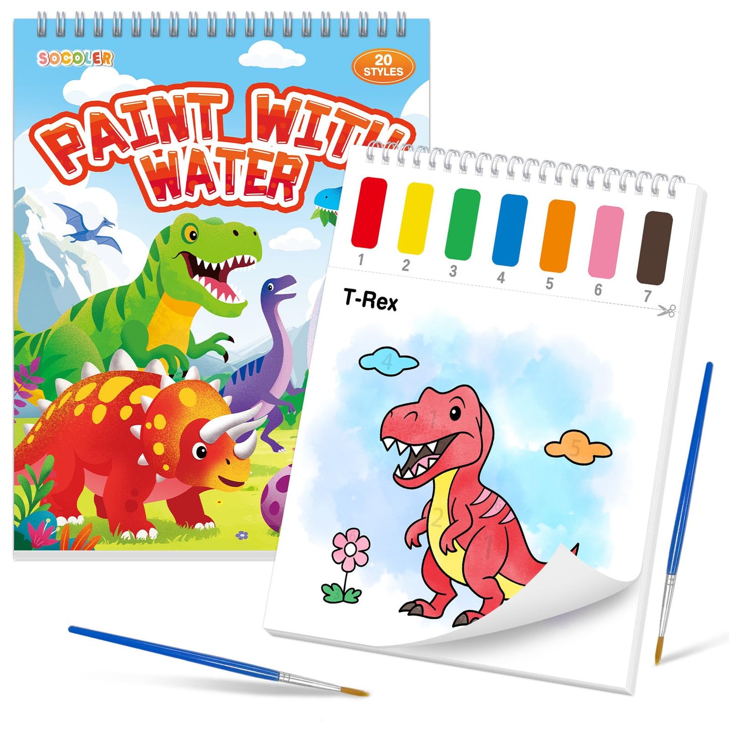 SOCOLER Paint with Water Coloring Book for Toddlers – Dinosaurs Theme, Mess-Free Watercolor Kit