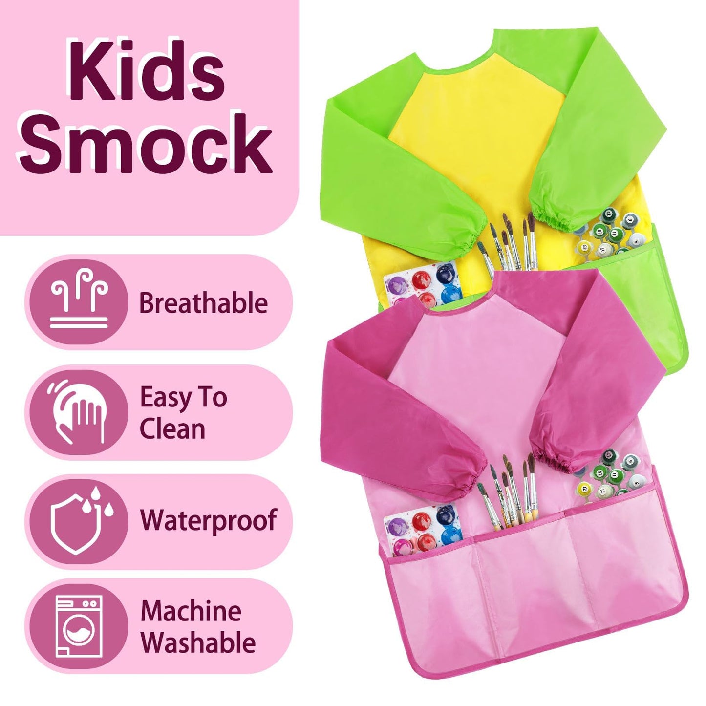 SOCOLER 2 Pack Kids Painting Apron — Waterproof Toddler Smock with Long Sleeves & 3 Pockets (Ages 3–6)