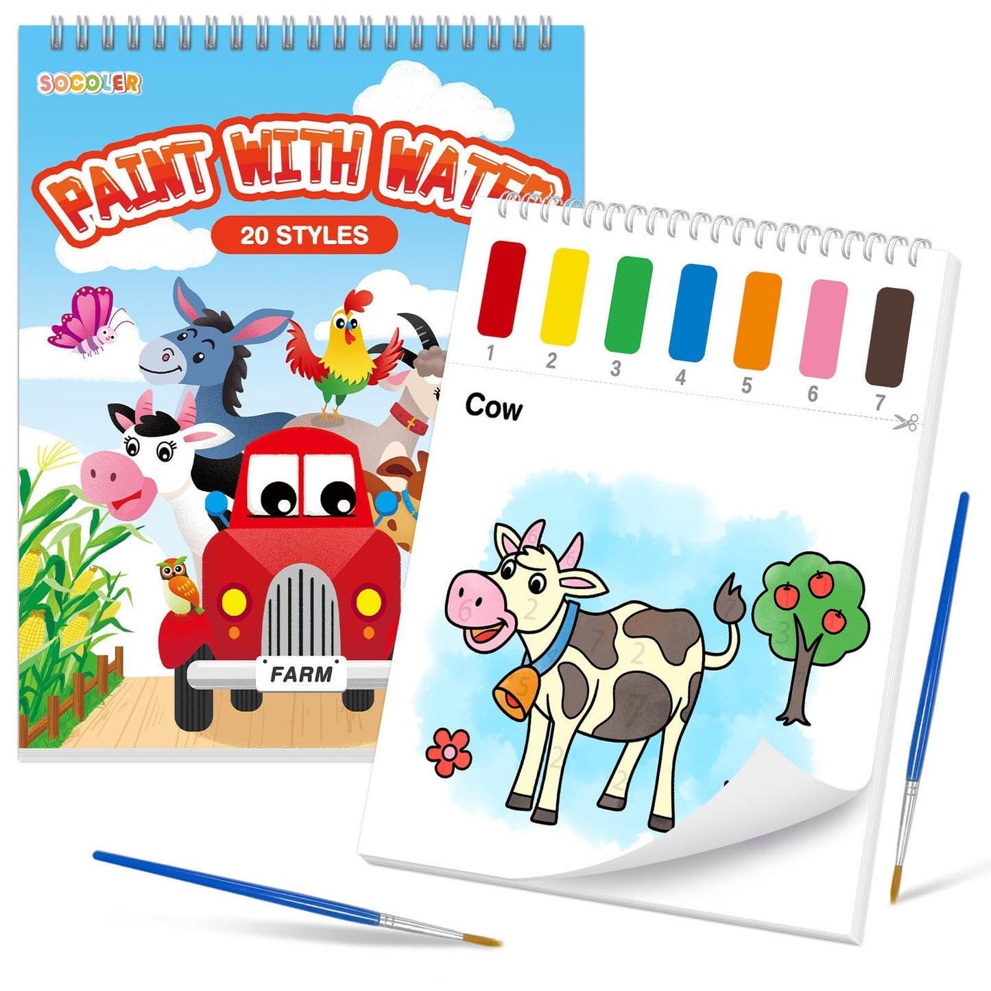 SOCOLER Farm Paint with Water Coloring Book – Mess-Free Kids Watercolor Kit (Ages 1-8)