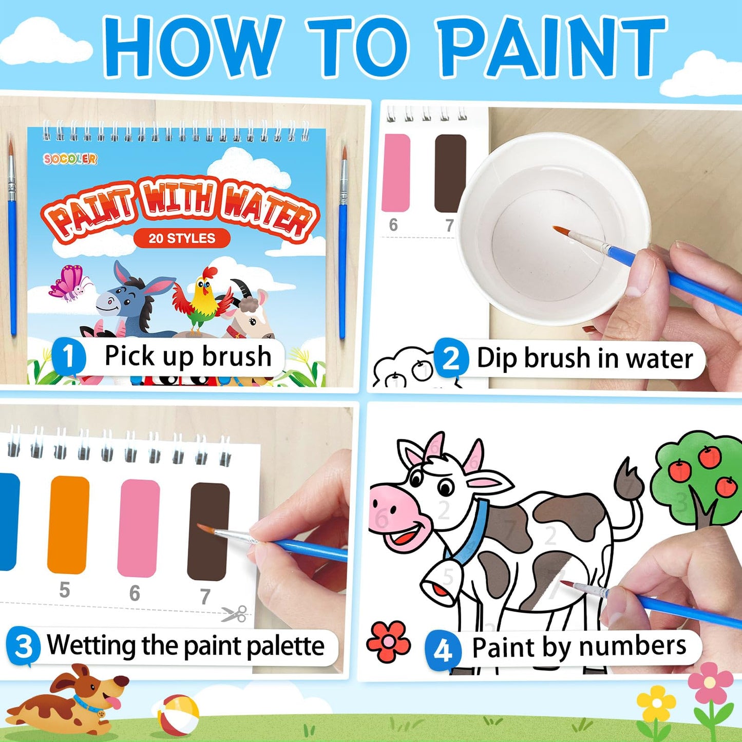 SOCOLER Farm Paint with Water Coloring Book – Mess-Free Kids Watercolor Kit (Ages 1-8)