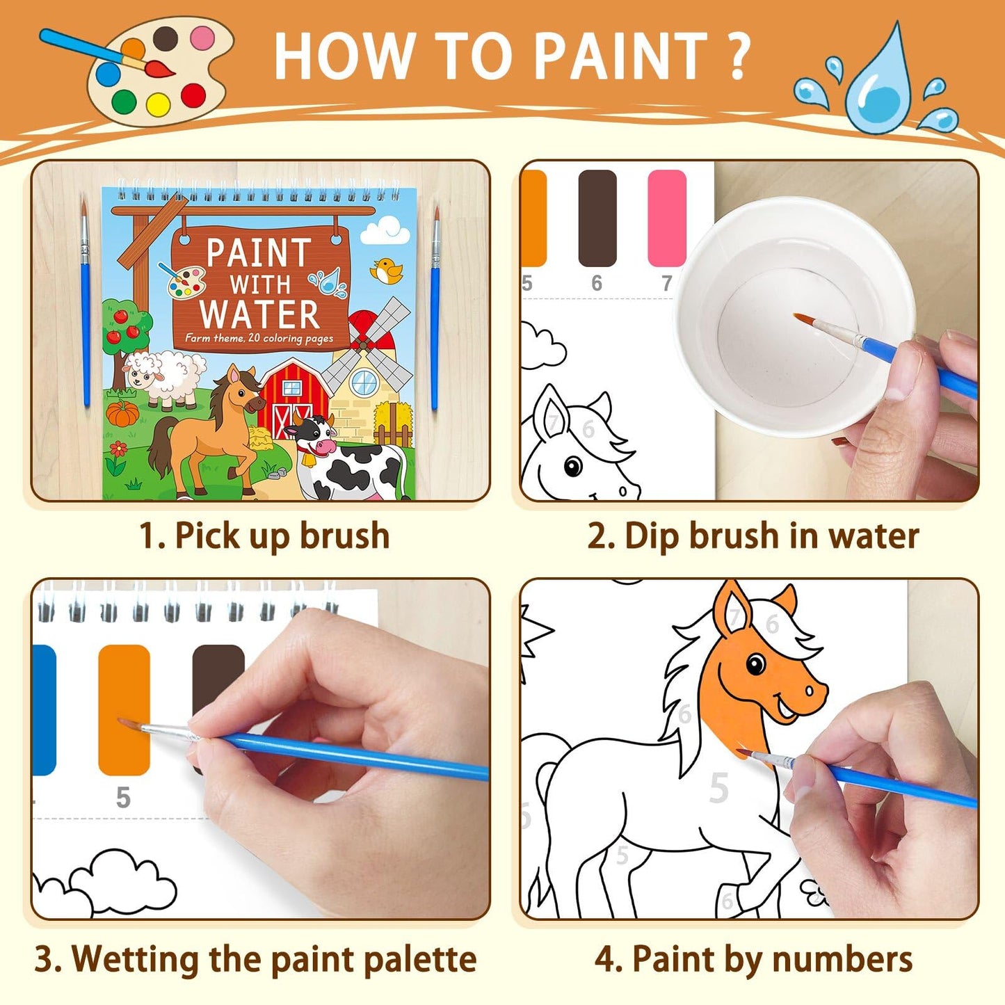 SOCOLER Paint with Water Coloring Books – Farm Theme Mess-Free Watercolor Kit for Kids 1-8