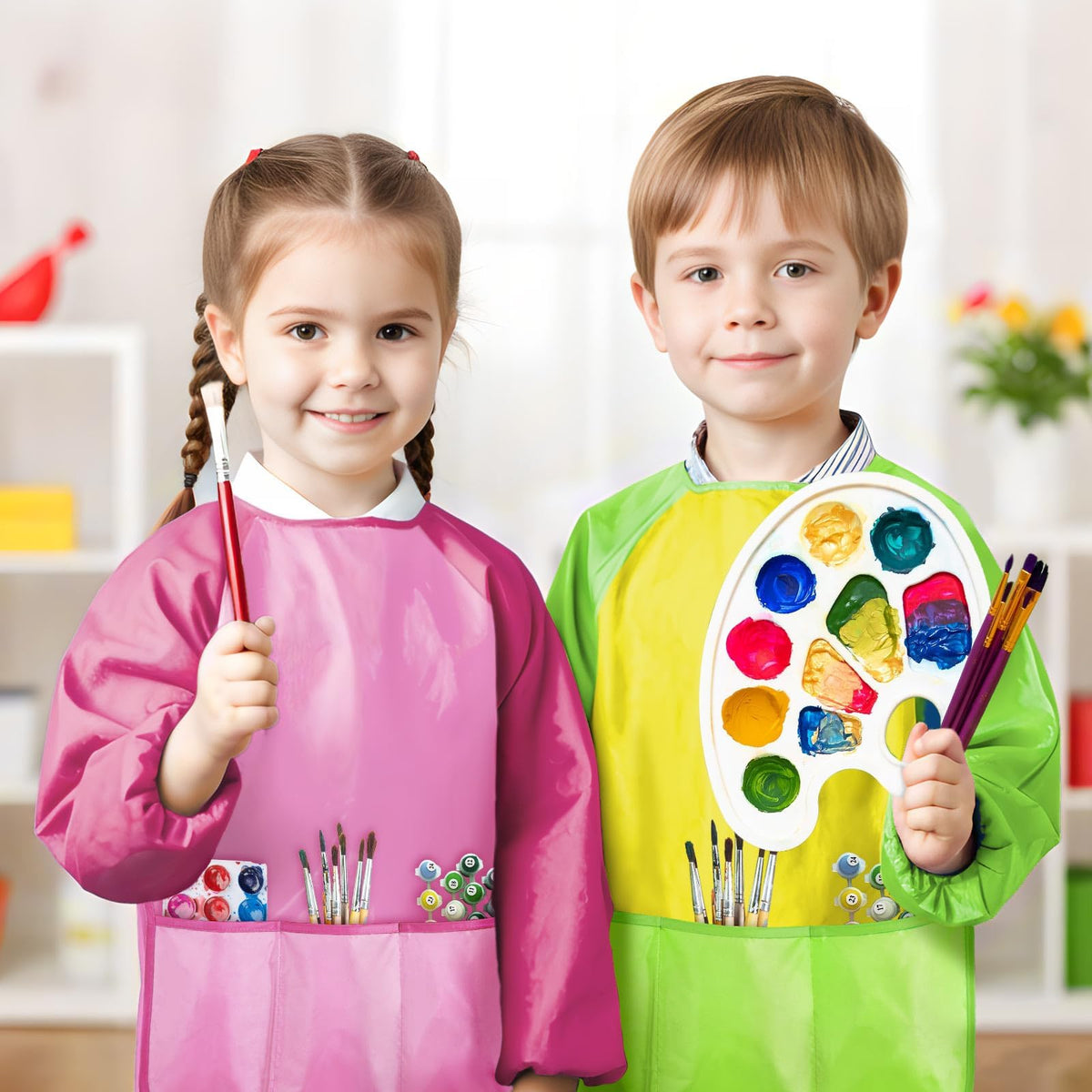 SOCOLER 2 Pack Kids Painting Apron — Waterproof Toddler Smock with Long Sleeves & 3 Pockets (Ages 3–6)