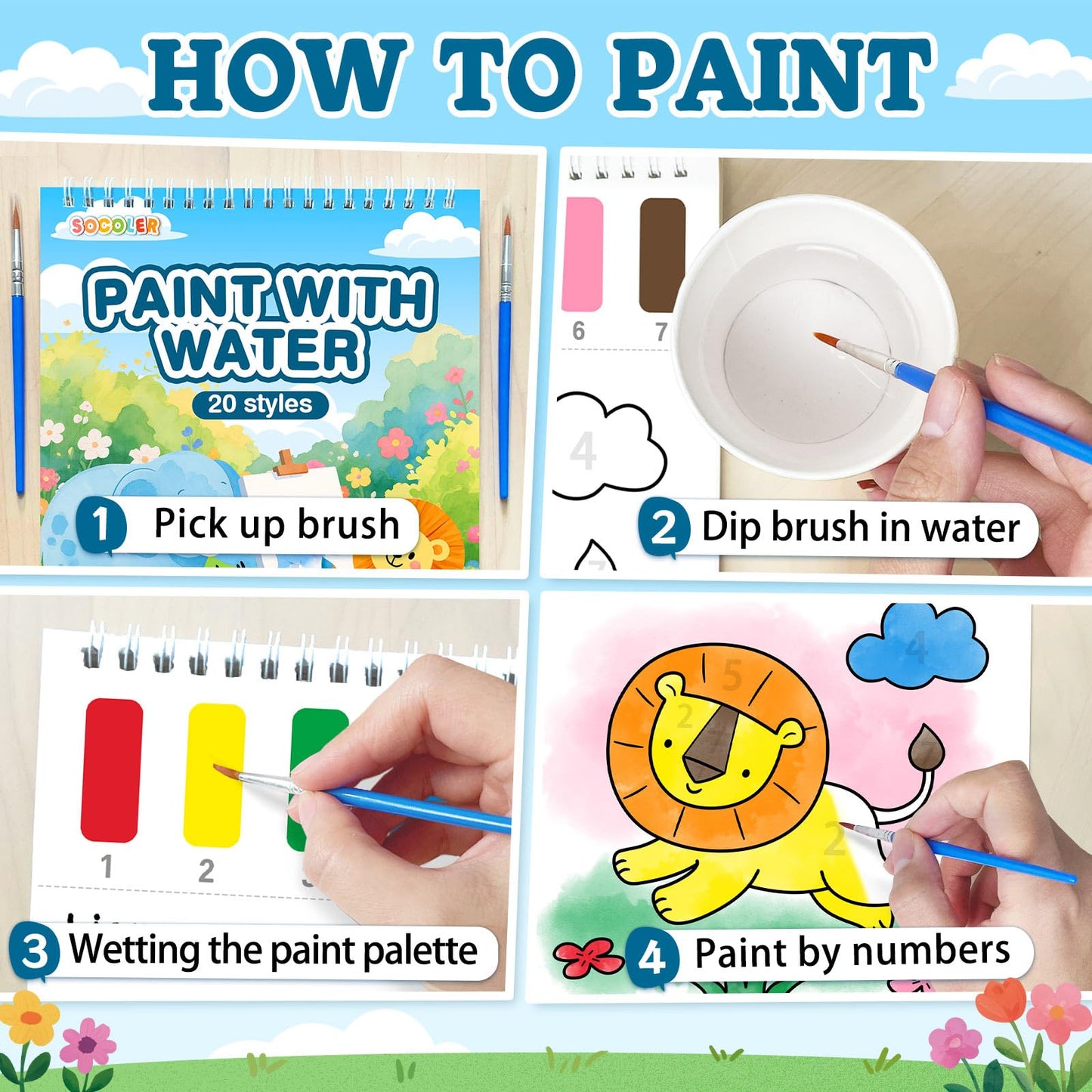 SOCOLER Paint with Water Coloring Books for Toddlers | Mess-Free Animal Theme Watercolor Kit (Ages 1-8)