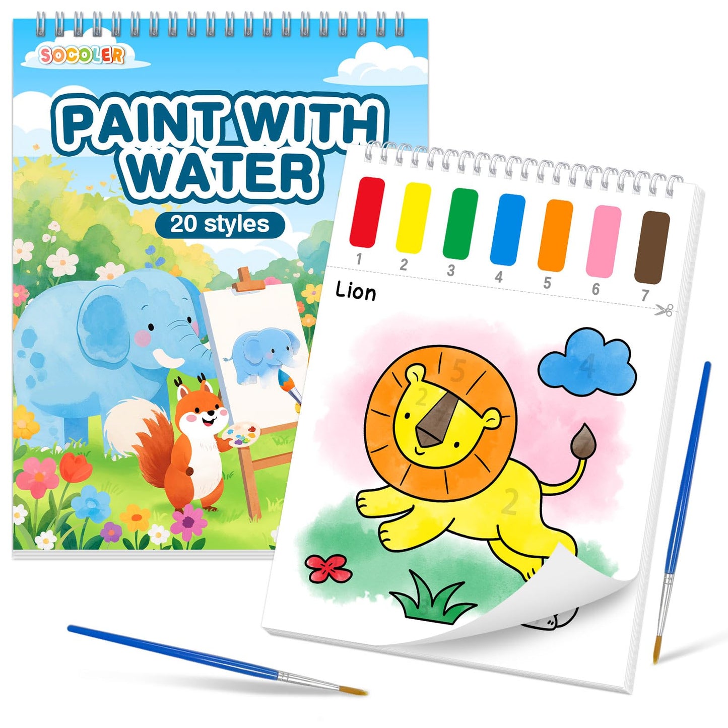 SOCOLER Paint with Water Coloring Books for Toddlers | Mess-Free Animal Theme Watercolor Kit (Ages 1-8)
