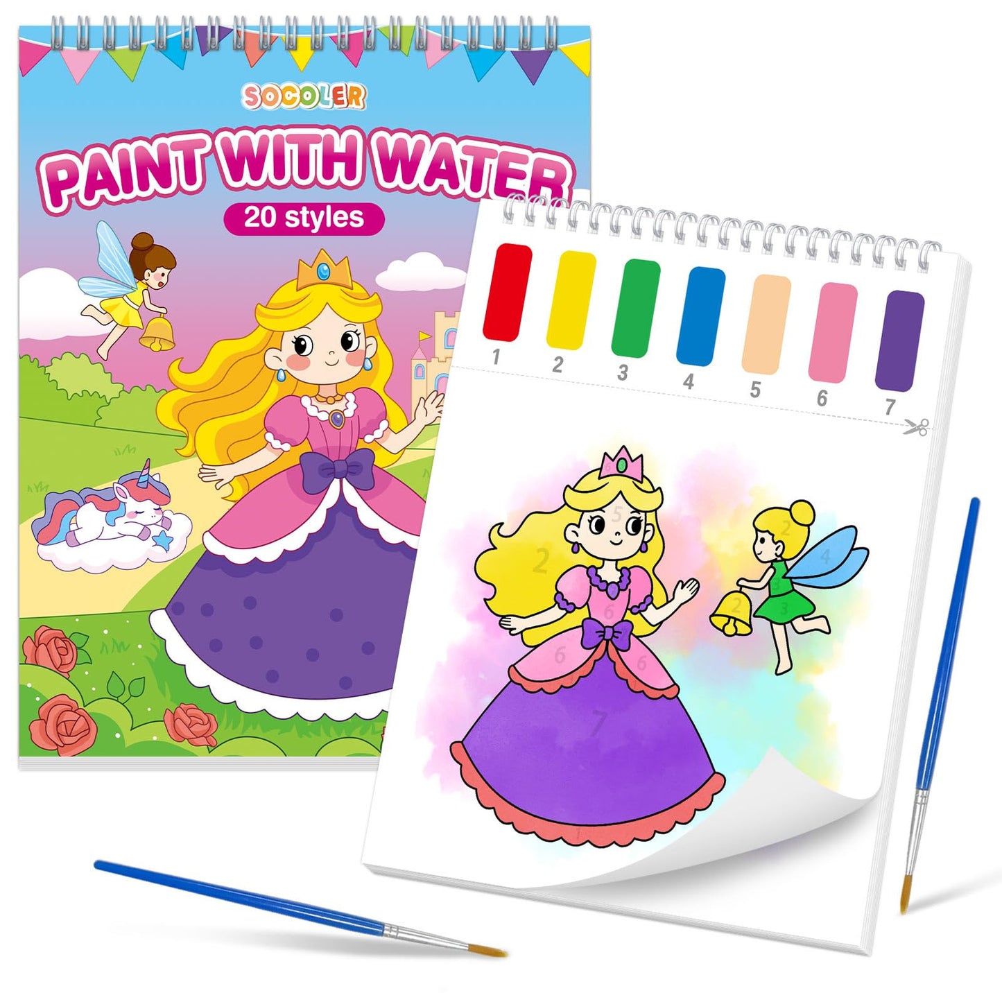 SOCOLER Paint with Water Coloring Books – Mess-Free Kids Kit (Princess & Party)