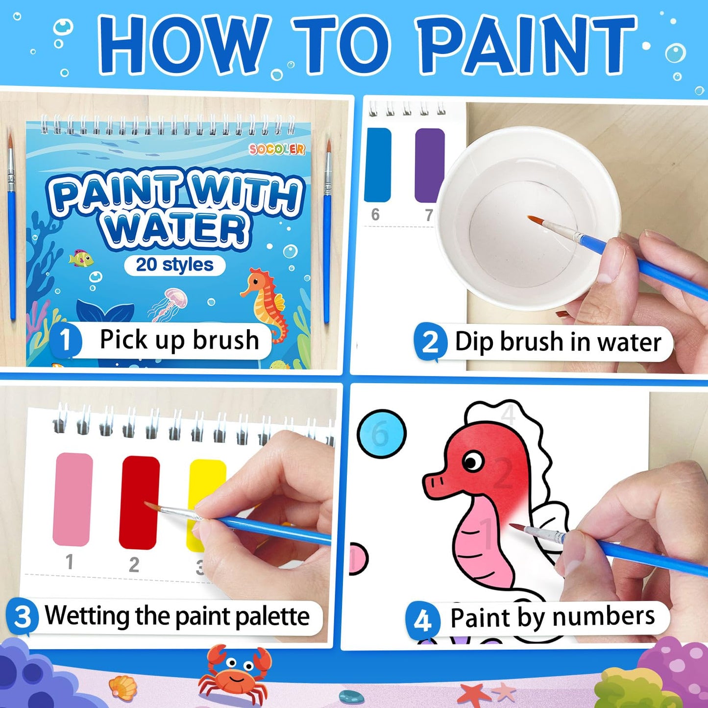 SOCOLER Paint with Water Coloring Books for Toddlers – Sea World Theme, Mess-Free