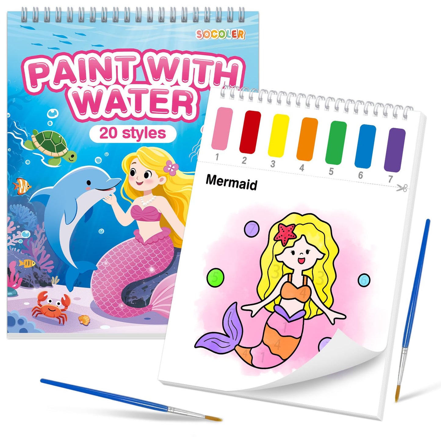 SOCOLER Sea World Water Coloring Book Set for Kids — Mess-Free Watercolor Painting with 2 Brushes (Ages 1-8)