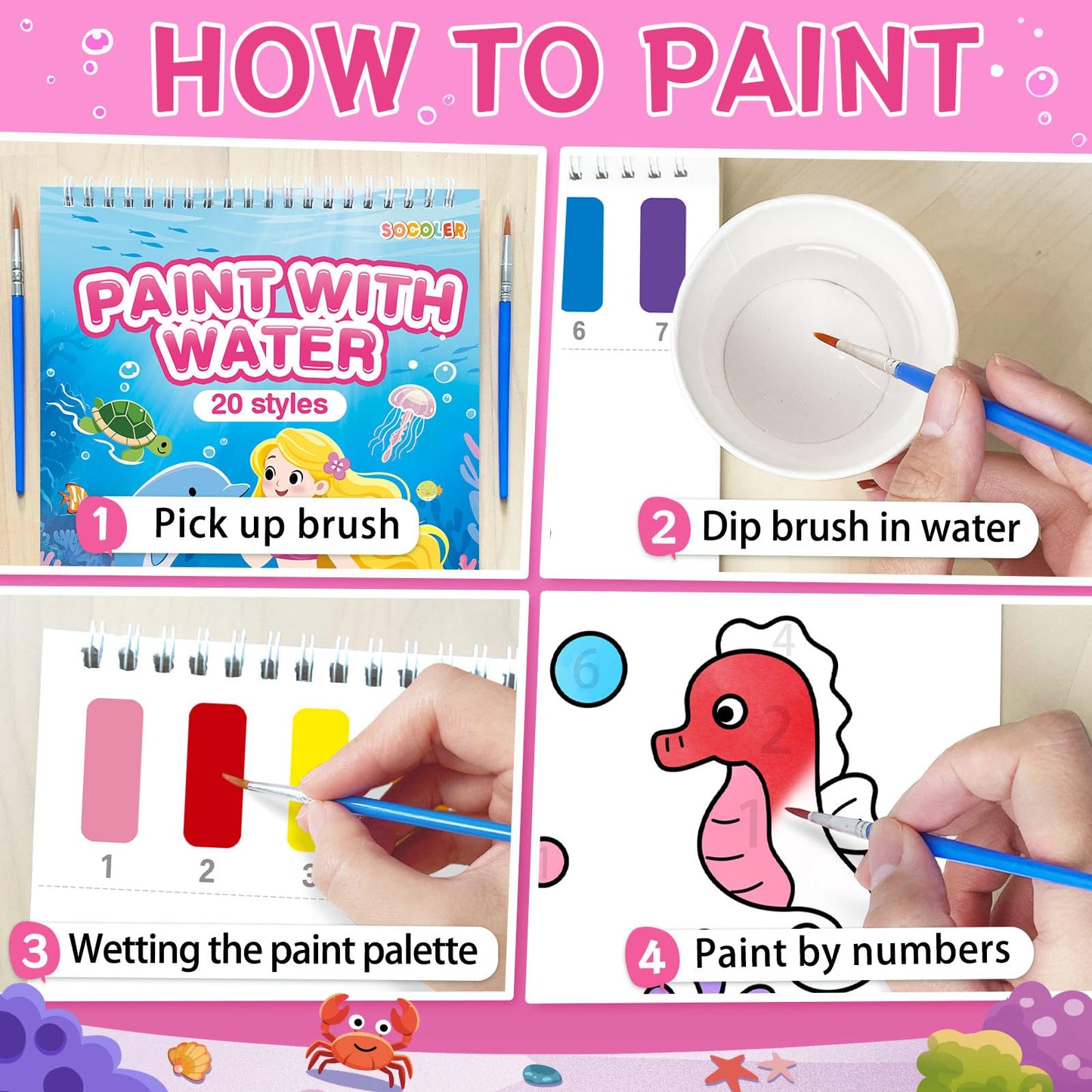 SOCOLER Sea World Water Coloring Book Set for Kids — Mess-Free Watercolor Painting with 2 Brushes (Ages 1-8)